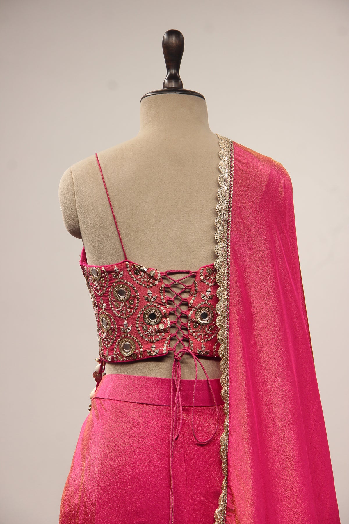Rani Tissue Indo Western with Mirror & Sequin Handwork Fringe Crop Top – back close-up