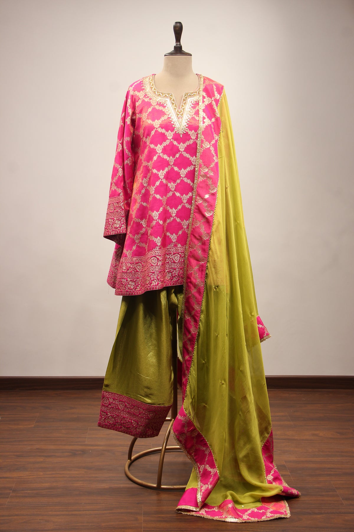 Rani Banarasi Brocade Farshi Suit with Sequin & Zardozi Handwork – front view