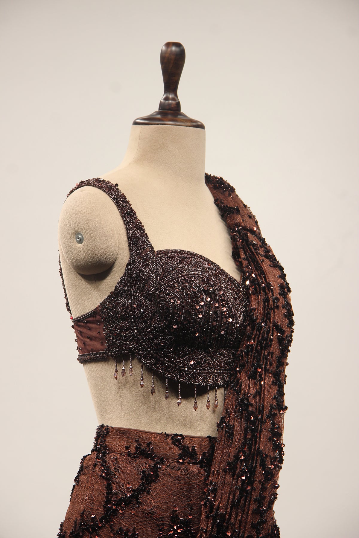 Brown Imported Drape Saree with Bead & Cut Dana Handwork Net Corset – side close-up
