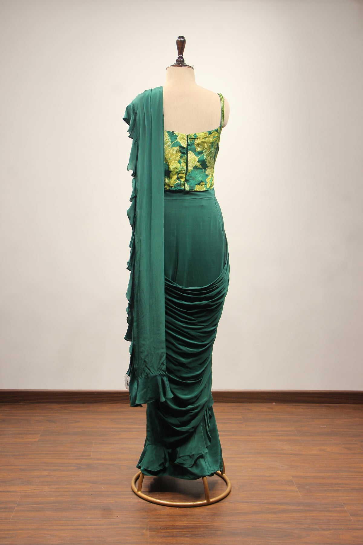 Bottle Green Crepe Drape Saree with Printed Cut Dana Handwork Corset – back view