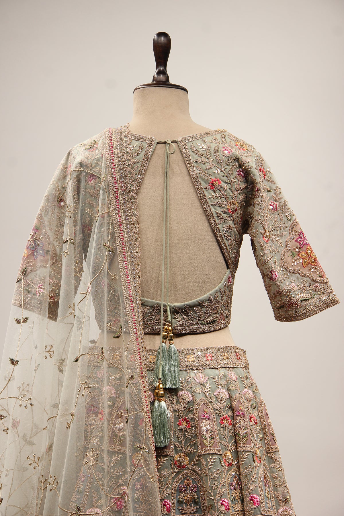 Sage Net Lehenga Crop Top with Floral Resham & Sequin Handwork – back close-up