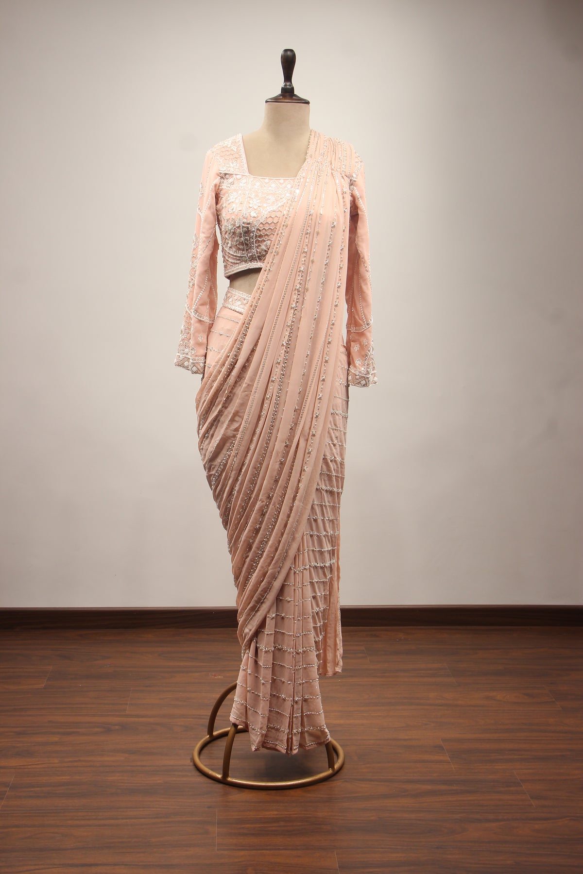 Georgette Drape Saree with Cut Dana & Bead Handwork Full Sleeve Blouse in Pink – front view