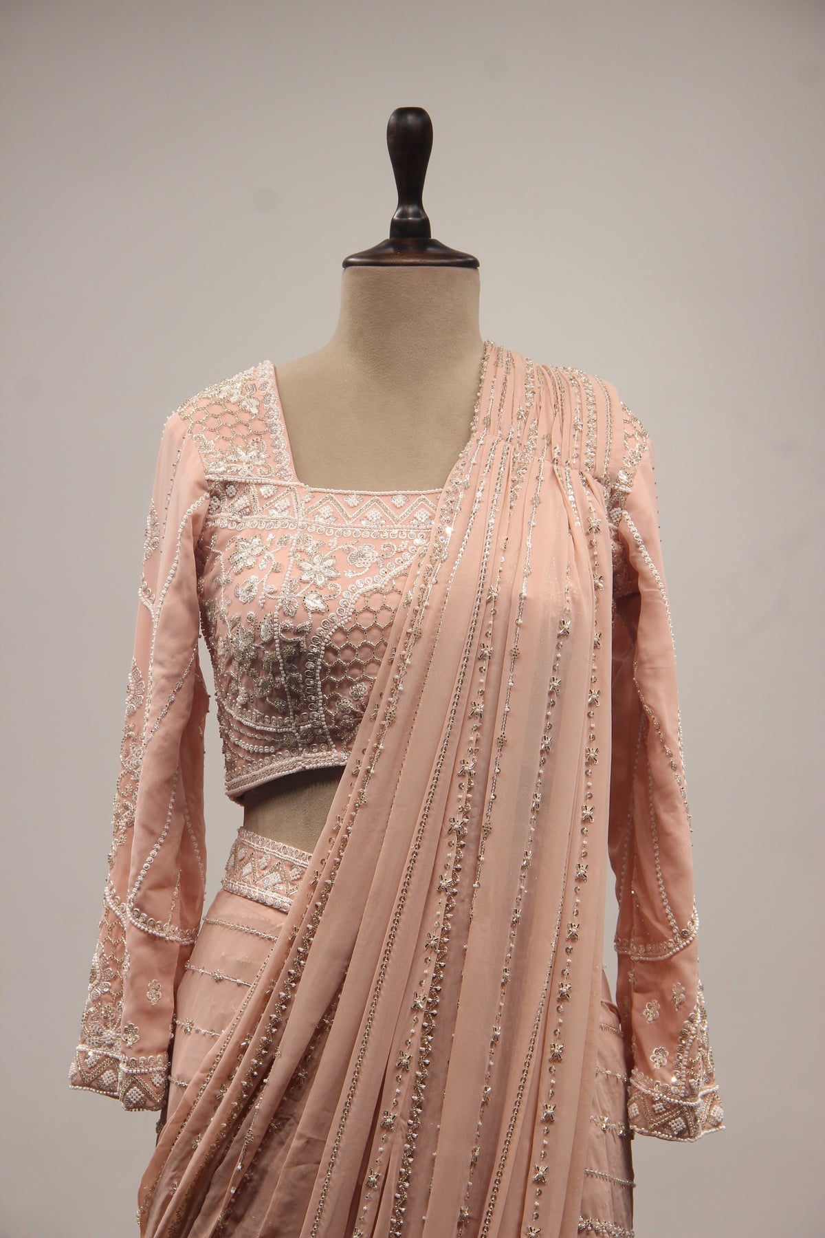 Georgette Drape Saree with Cut Dana & Bead Handwork Full Sleeve Blouse in Pink – front close-up
