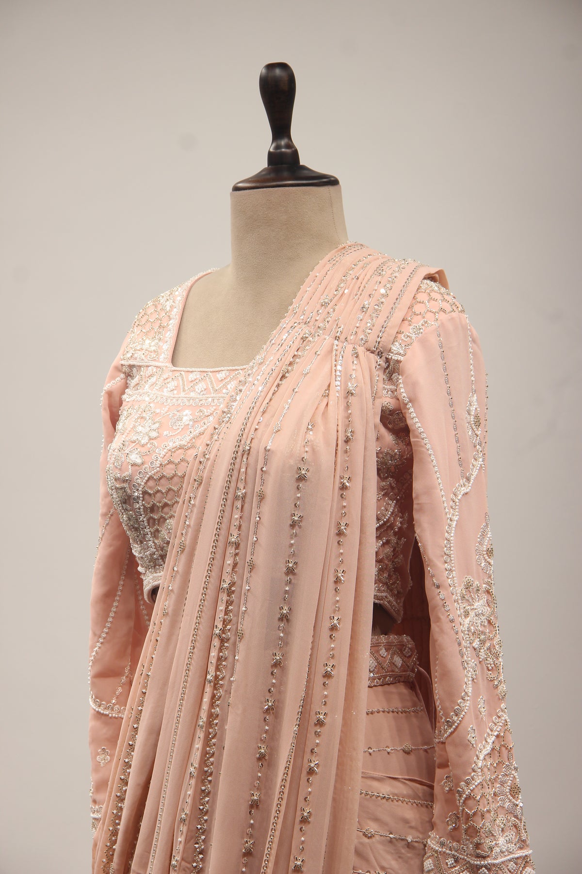 Georgette Drape Saree with Cut Dana & Bead Handwork Full Sleeve Blouse in Pink – side close-up