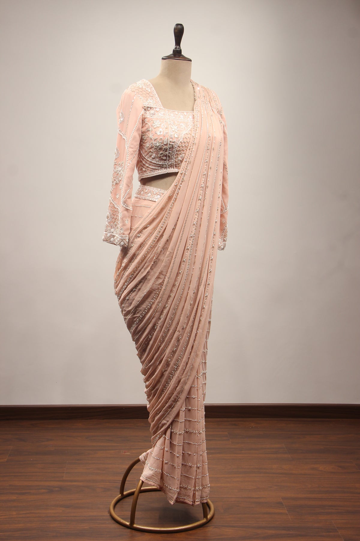Georgette Drape Saree with Cut Dana & Bead Handwork Full Sleeve Blouse in Pink – other side view