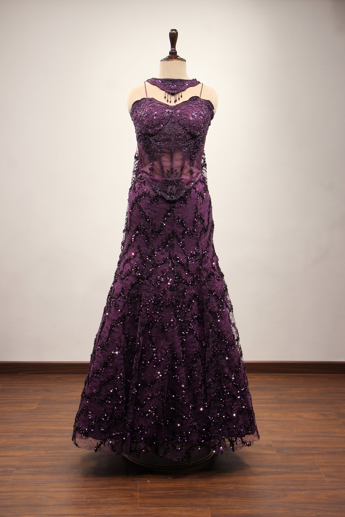 Wine Imported Mermaid Lehenga with Cut Dana & Bead Handwork Corset – front view