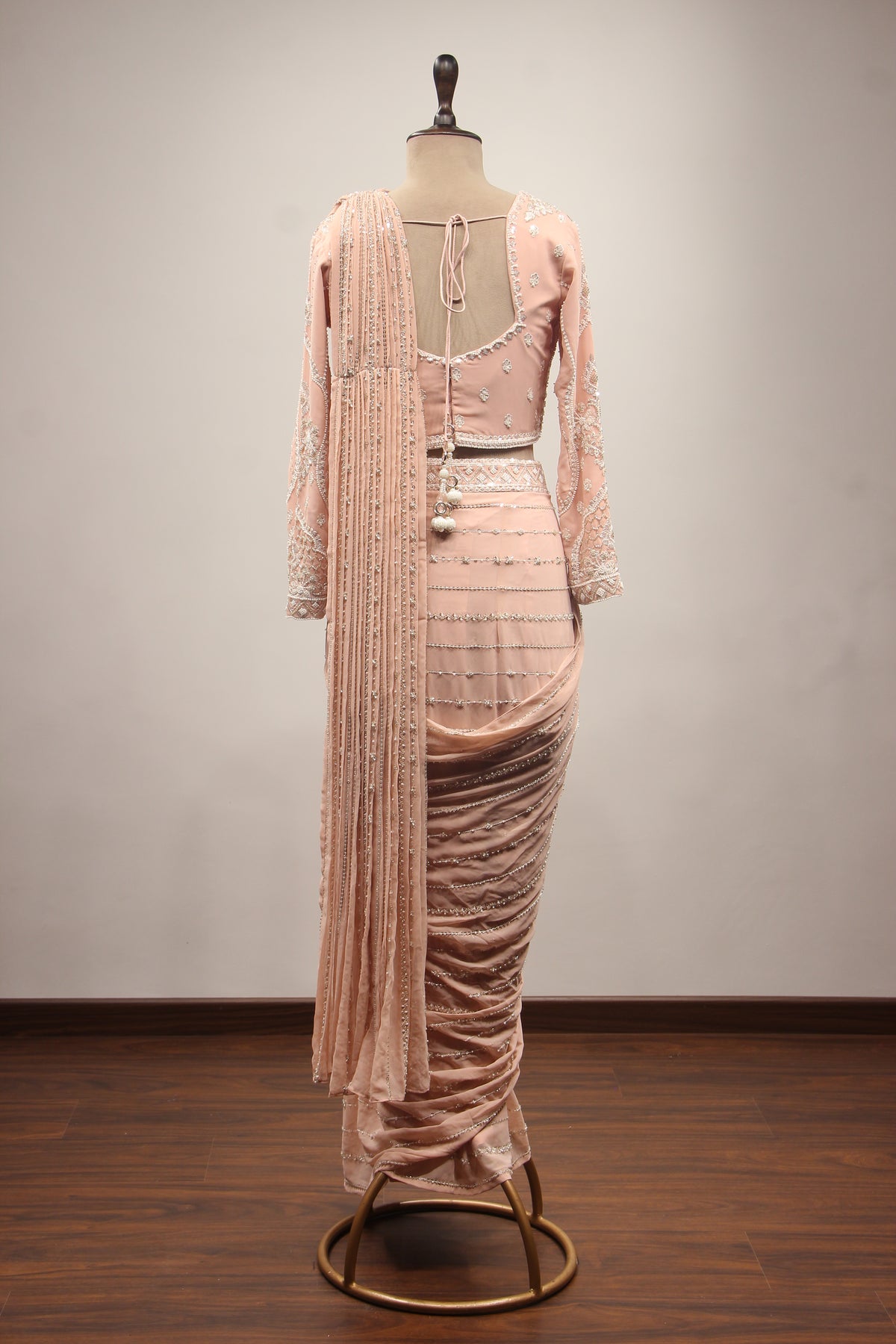 Georgette Drape Saree with Cut Dana & Bead Handwork Full Sleeve Blouse in Pink – back view