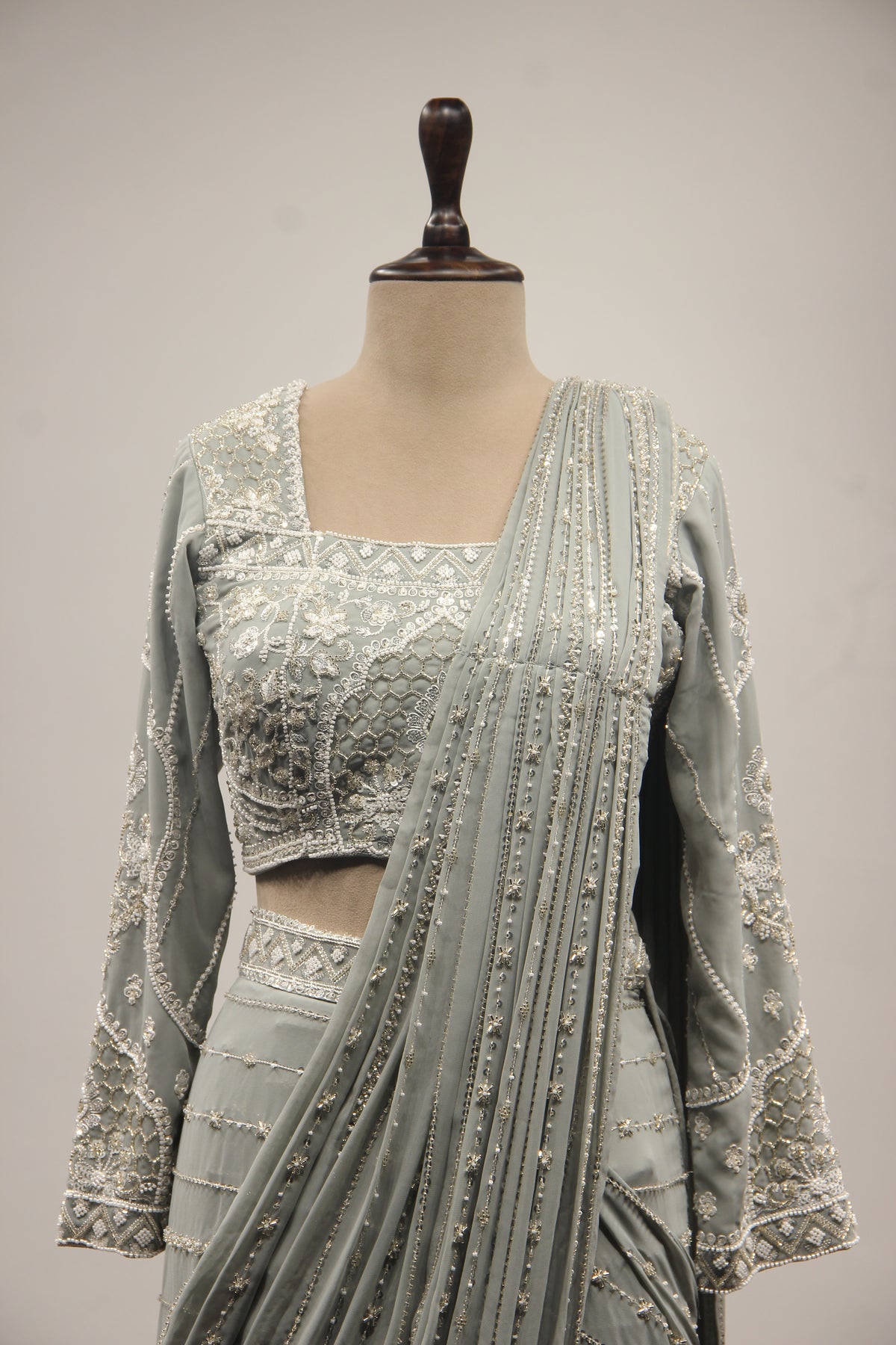 Georgette Drape Saree with Cut Dana & Bead Handwork Full Sleeve Blouse in Grey – front close-up