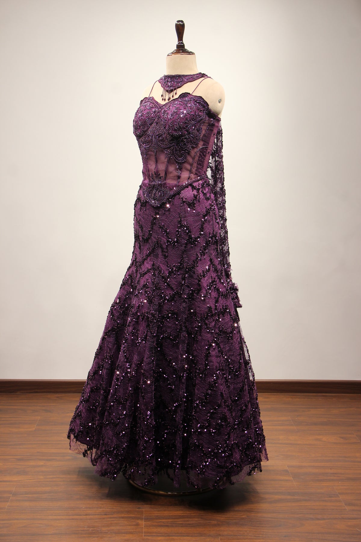 Wine Imported Mermaid Lehenga with Cut Dana & Bead Handwork Corset – side view