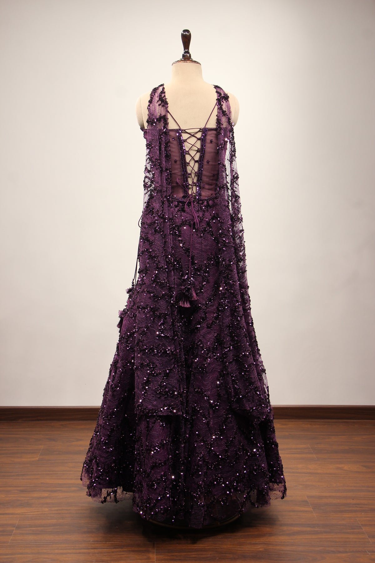 Wine Imported Mermaid Lehenga with Cut Dana & Bead Handwork Corset – back view