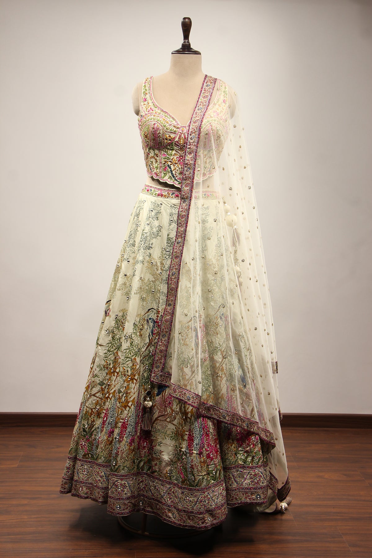 Pista Green Printed Silk Lehenga with Hand Embroidery Corset Blouse – front view