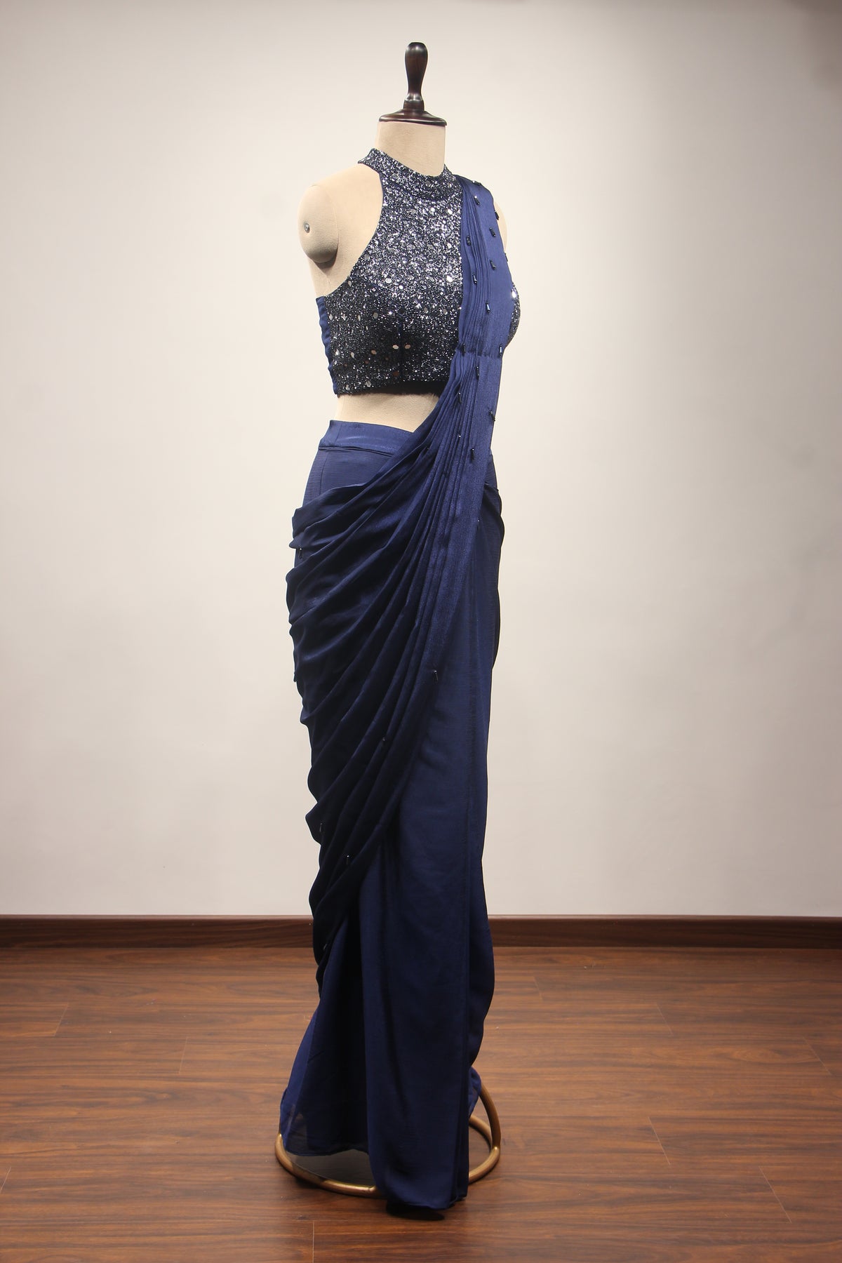 Navy Blue Crepe Halter Drape Saree with Mirror & Cut Dana Handwork – other side view