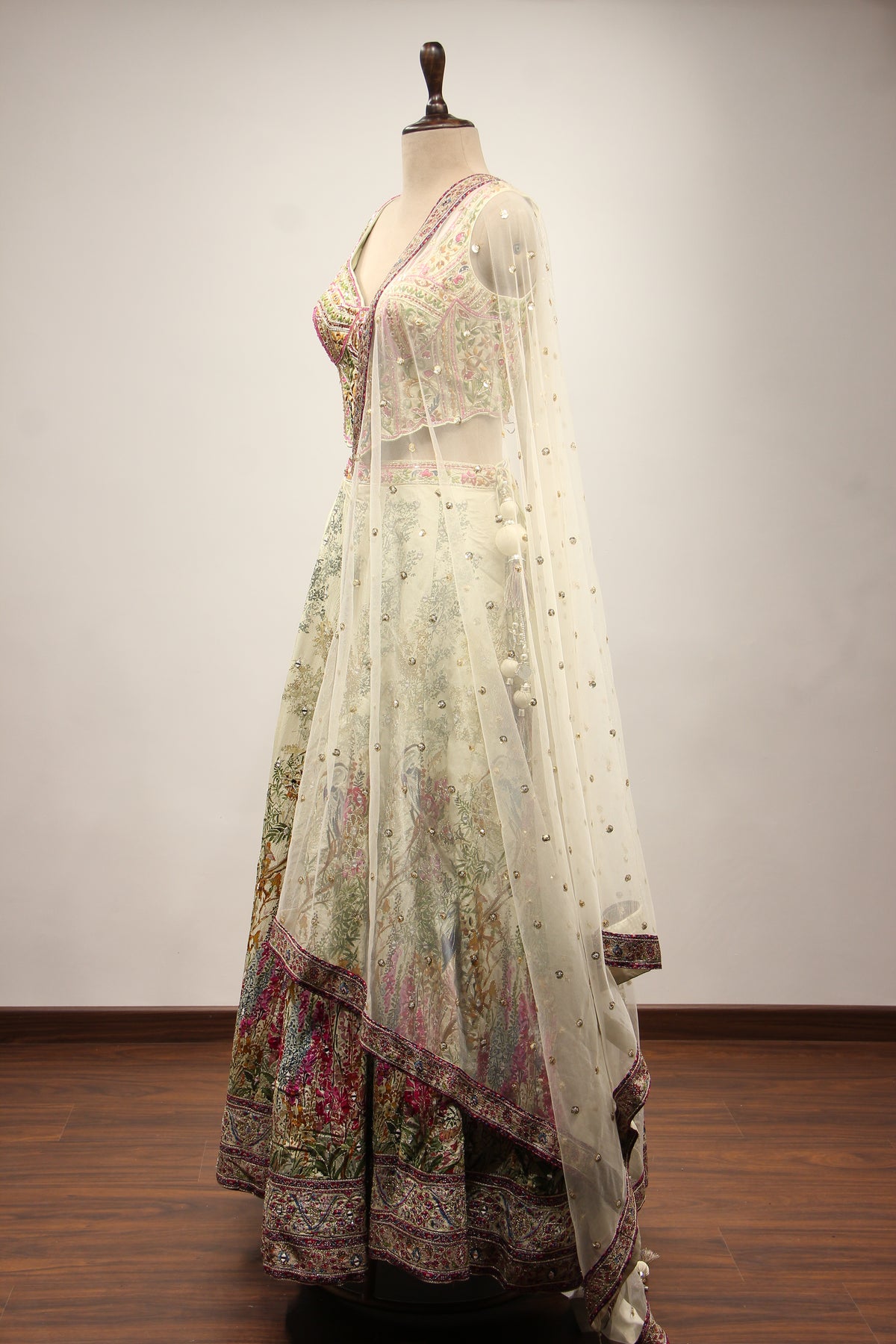 Pista Green Printed Silk Lehenga with Hand Embroidery Corset Blouse – side view