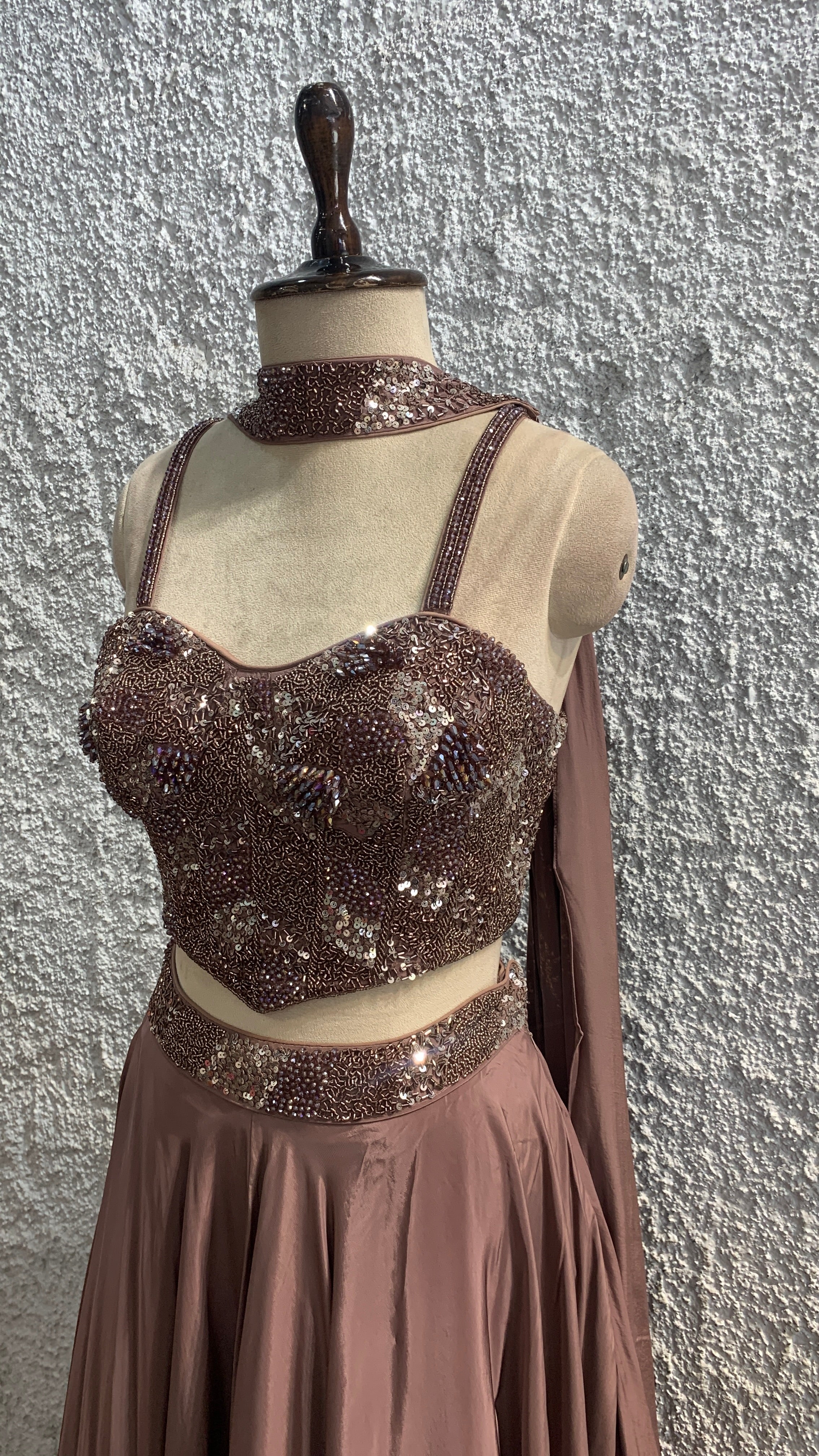 Sequin & Cut Dana Embellished Crepe Corset Lehenga with Choker Dupatta