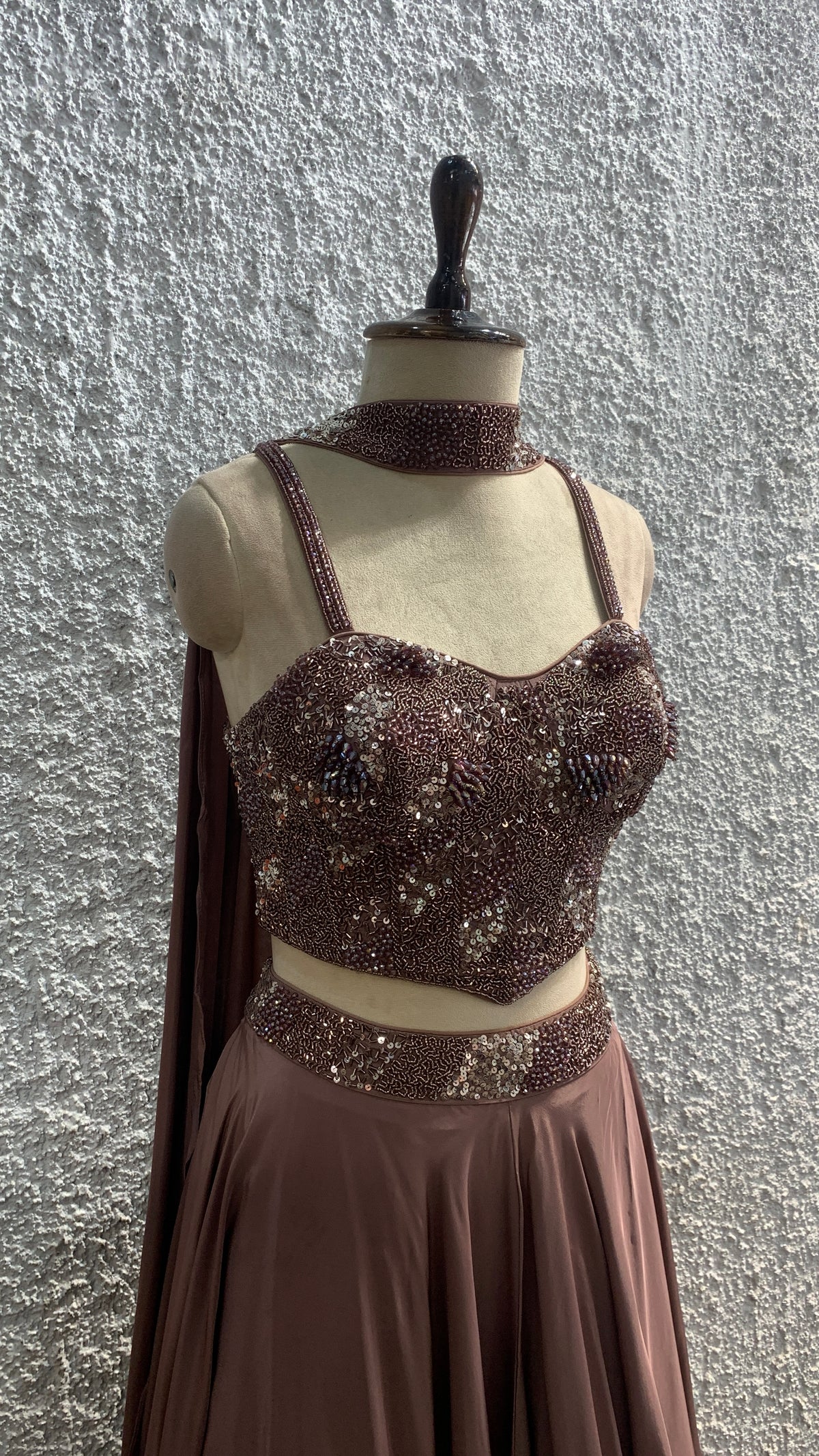 Sequin & Cut Dana Embellished Crepe Corset Lehenga with Choker Dupatta