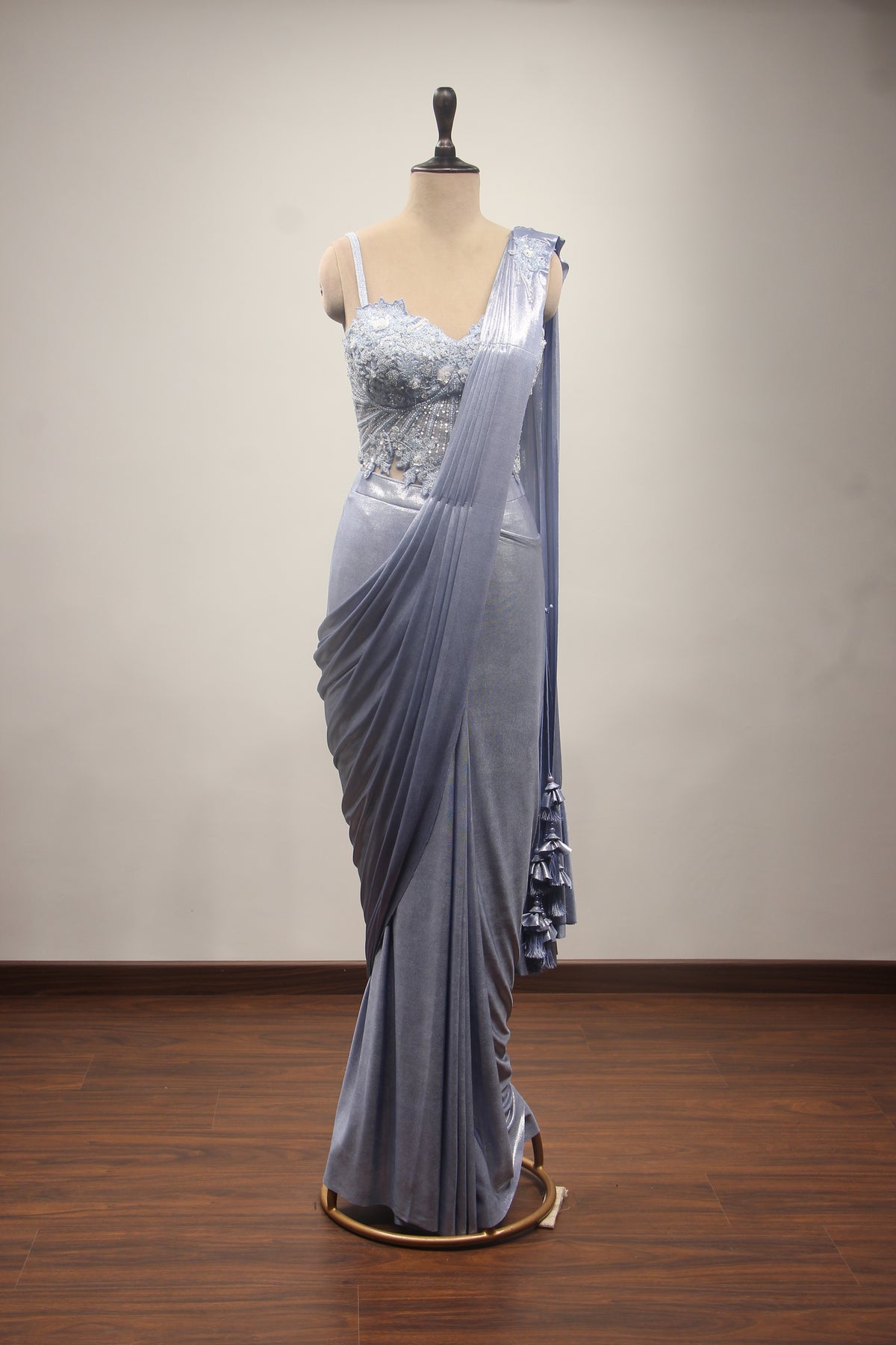 BLUE Imported Ready To Wear Drape Saree with Bead and Cut Dana work by OOS — product image 1