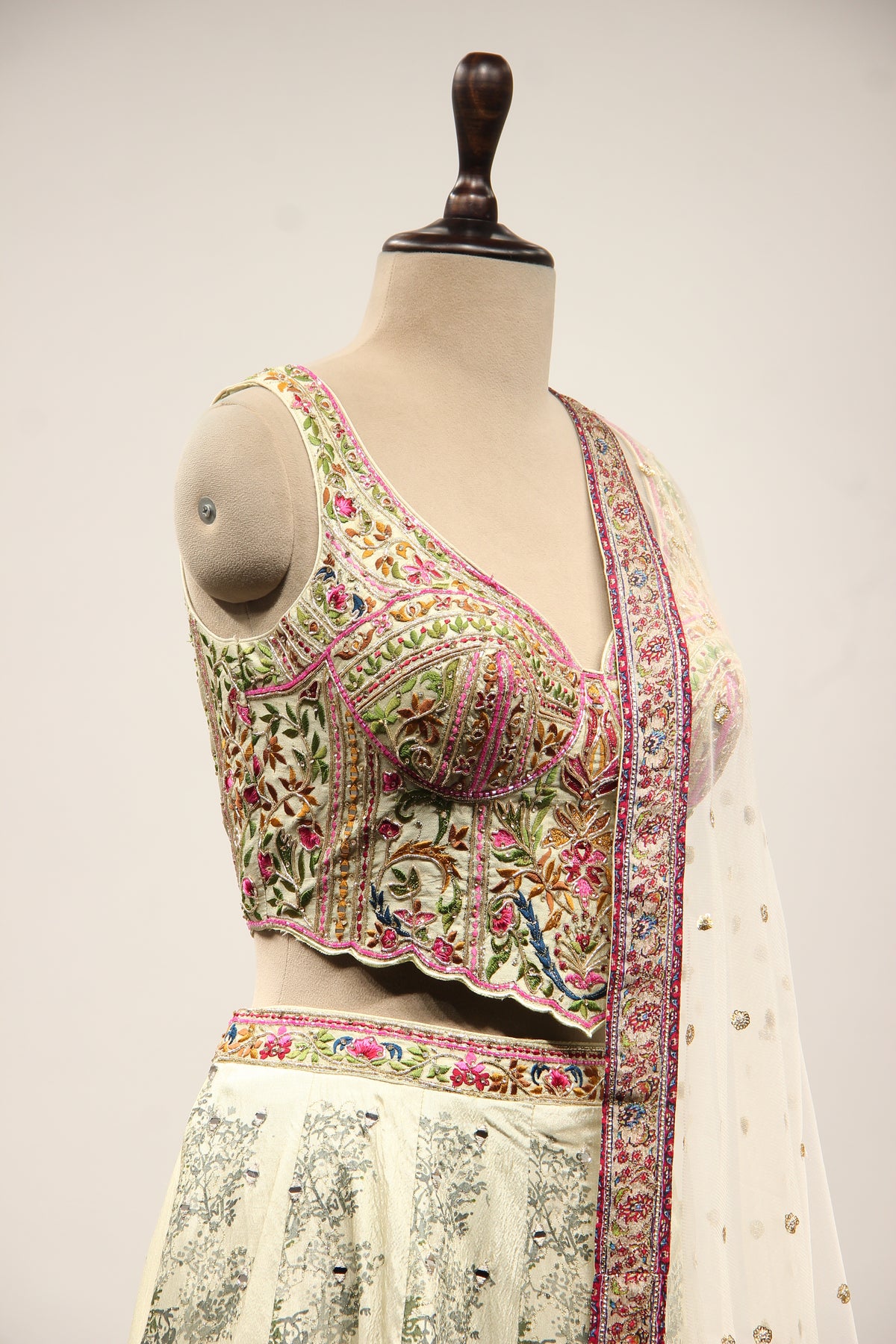 Pista Green Printed Silk Lehenga with Hand Embroidery Corset Blouse – other side close-up