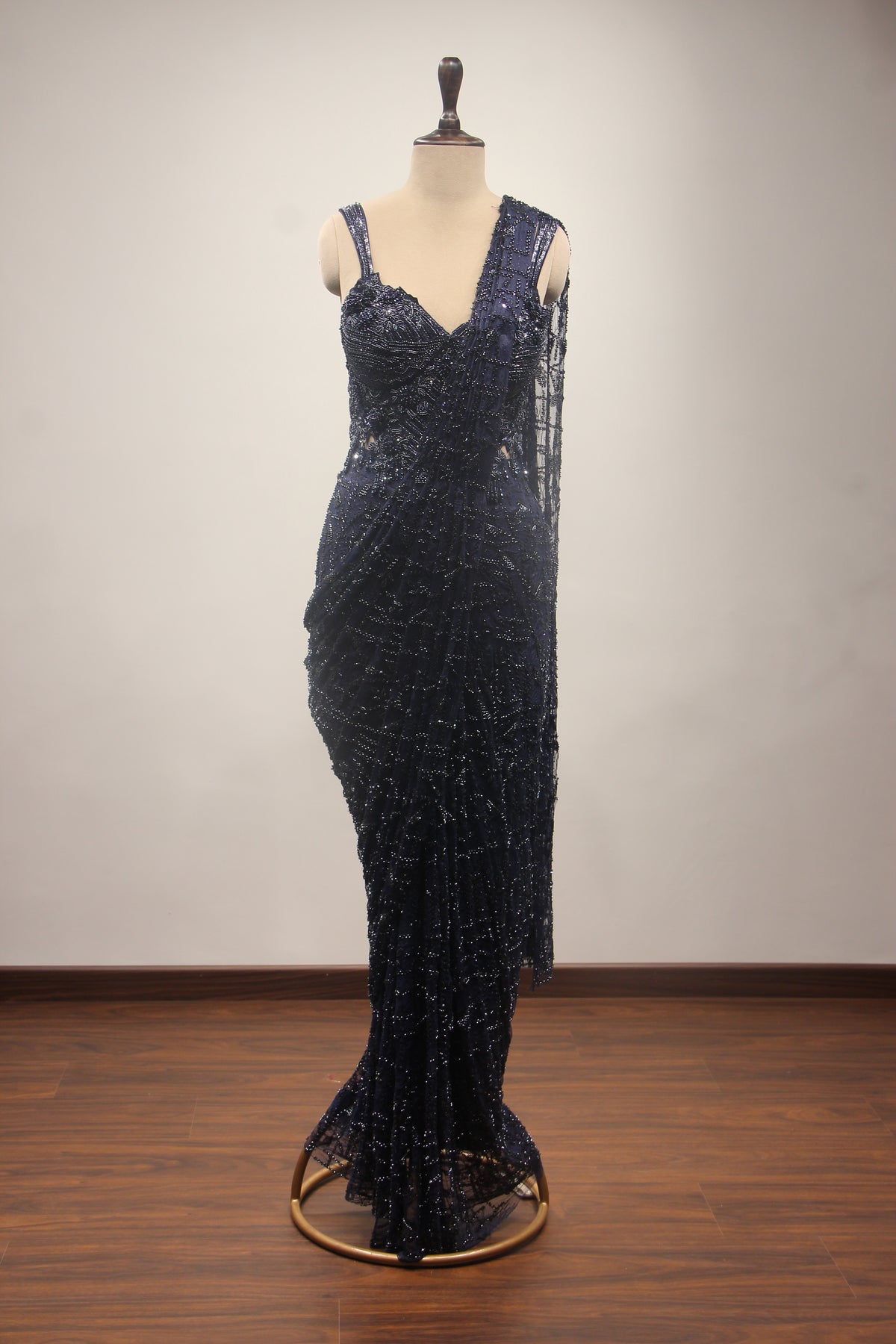 Imported Drape Saree with Cut Dana & Bead Handwork Net Corset Blouse in Blue – front view