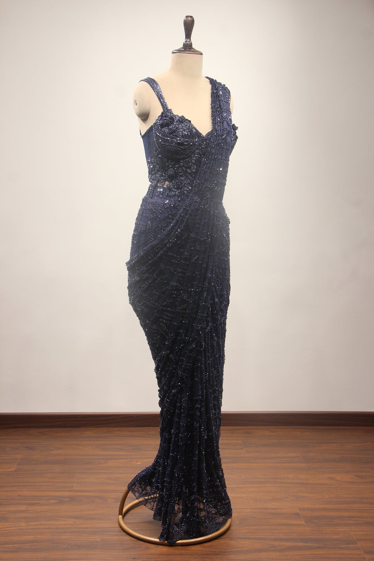 Imported Drape Saree with Cut Dana & Bead Handwork Net Corset Blouse in Blue – side view