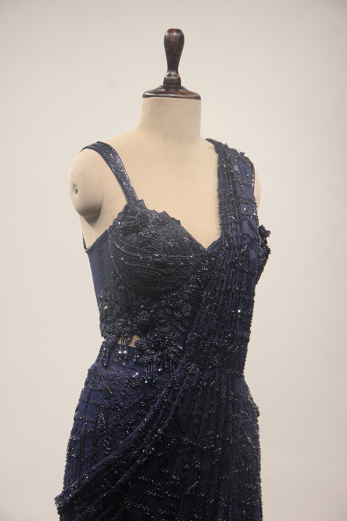 Imported Drape Saree with Cut Dana & Bead Handwork Net Corset Blouse in Blue – side close-up