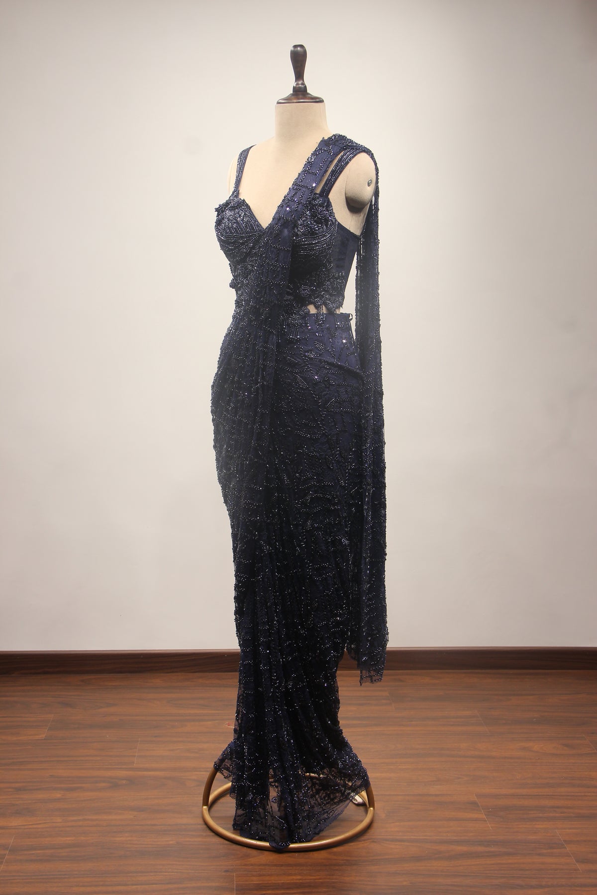 Imported Drape Saree with Cut Dana & Bead Handwork Net Corset Blouse in Blue – other side view