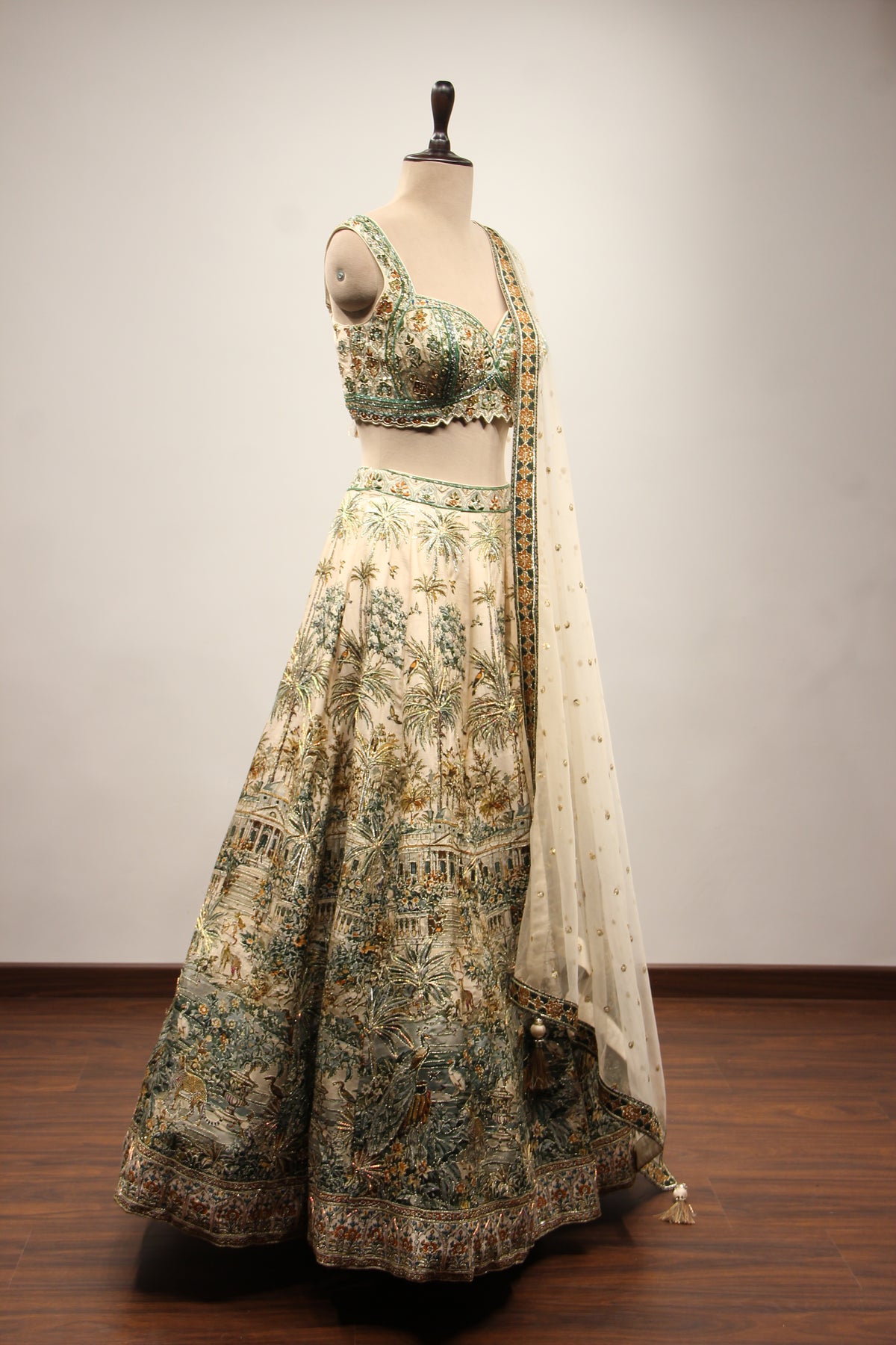 Beige Palm Printed Silk Lehenga with Hand Embroidery Crop Top – other side view