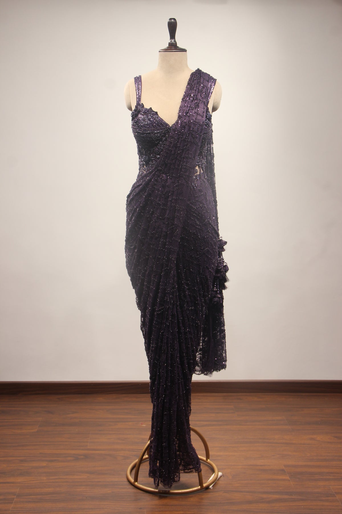 Net Drape Saree with Cut Dana & Bead Handwork, Corset Blouse