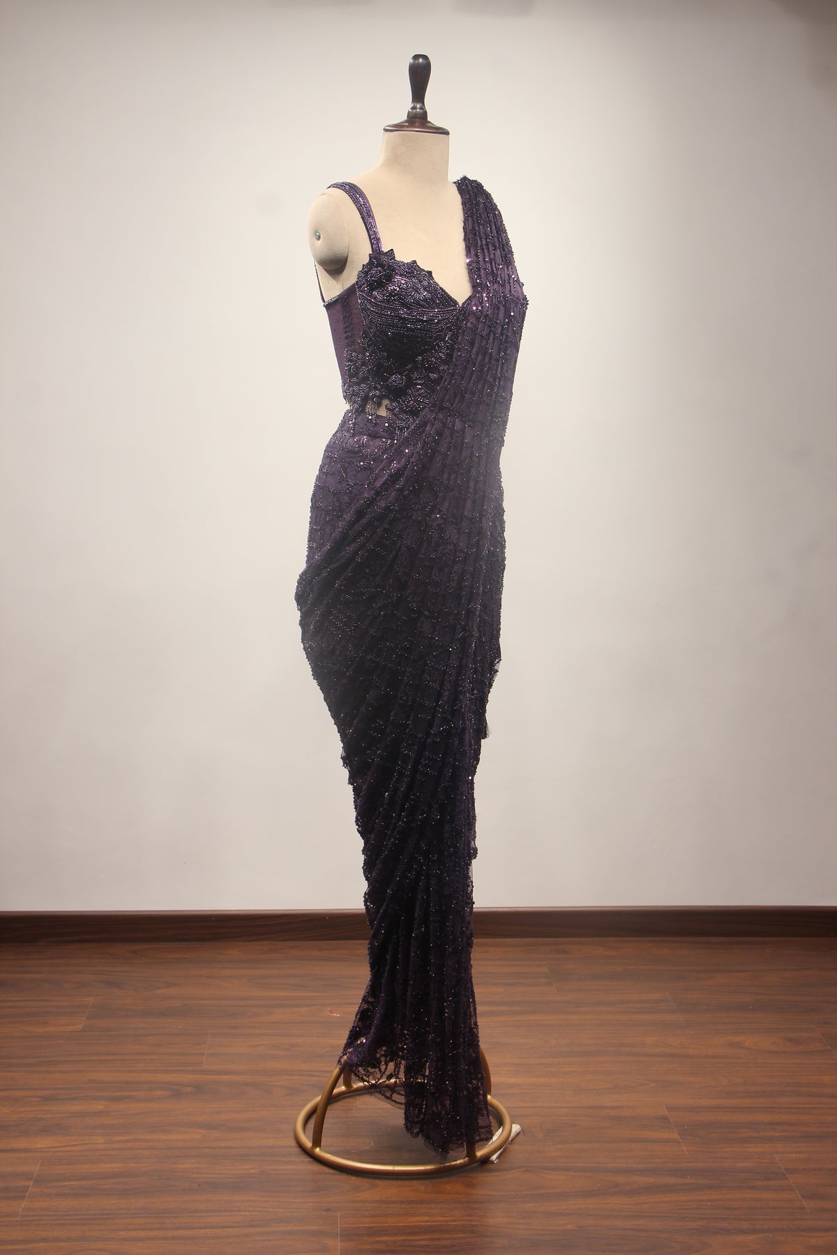 Imported Drape Saree with Cut Dana & Bead Handwork Net Corset Blouse in Purple – other side view