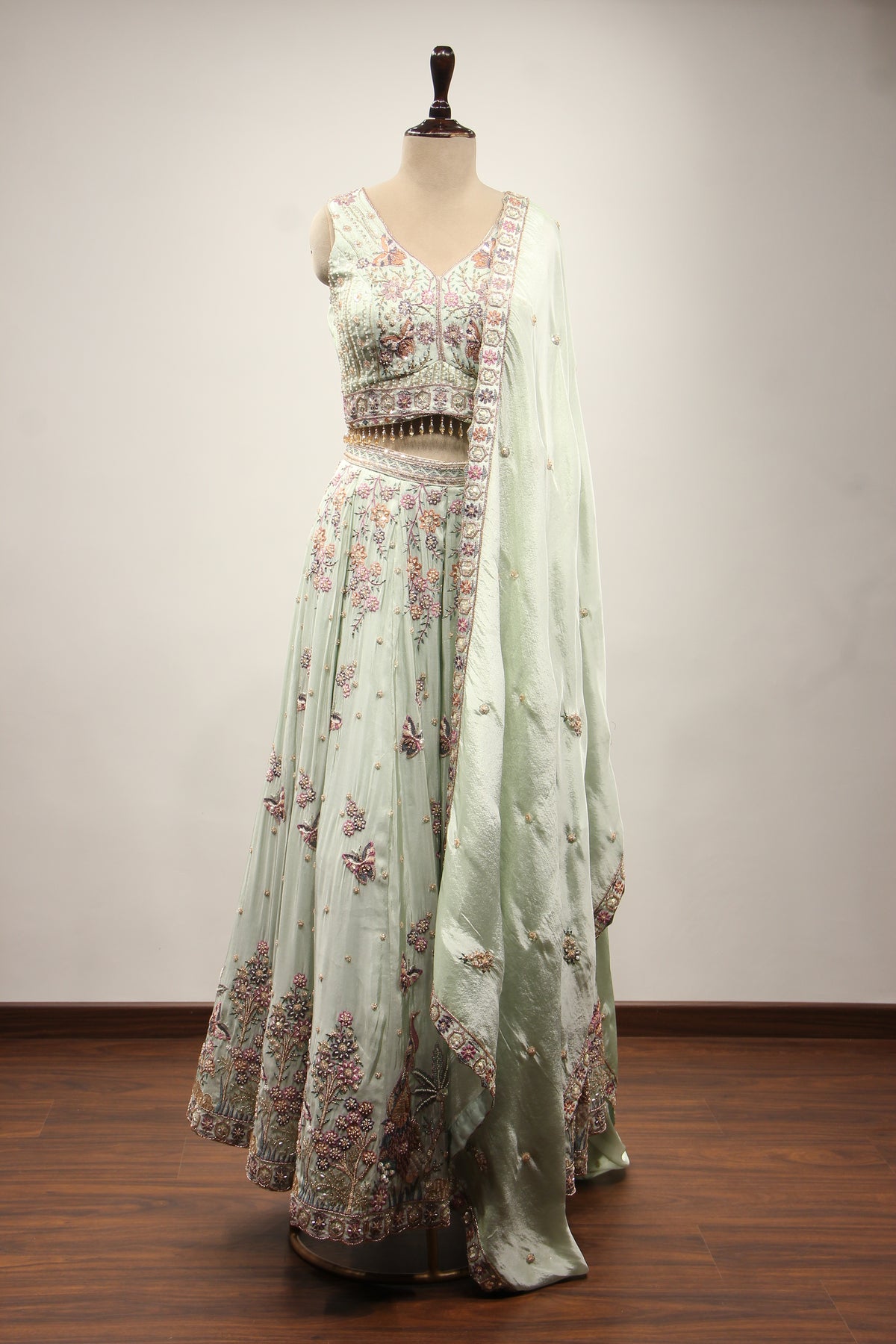 Sage Tissue Lehenga with Resham & Bead Handwork and Fringed Crop Top – front view
