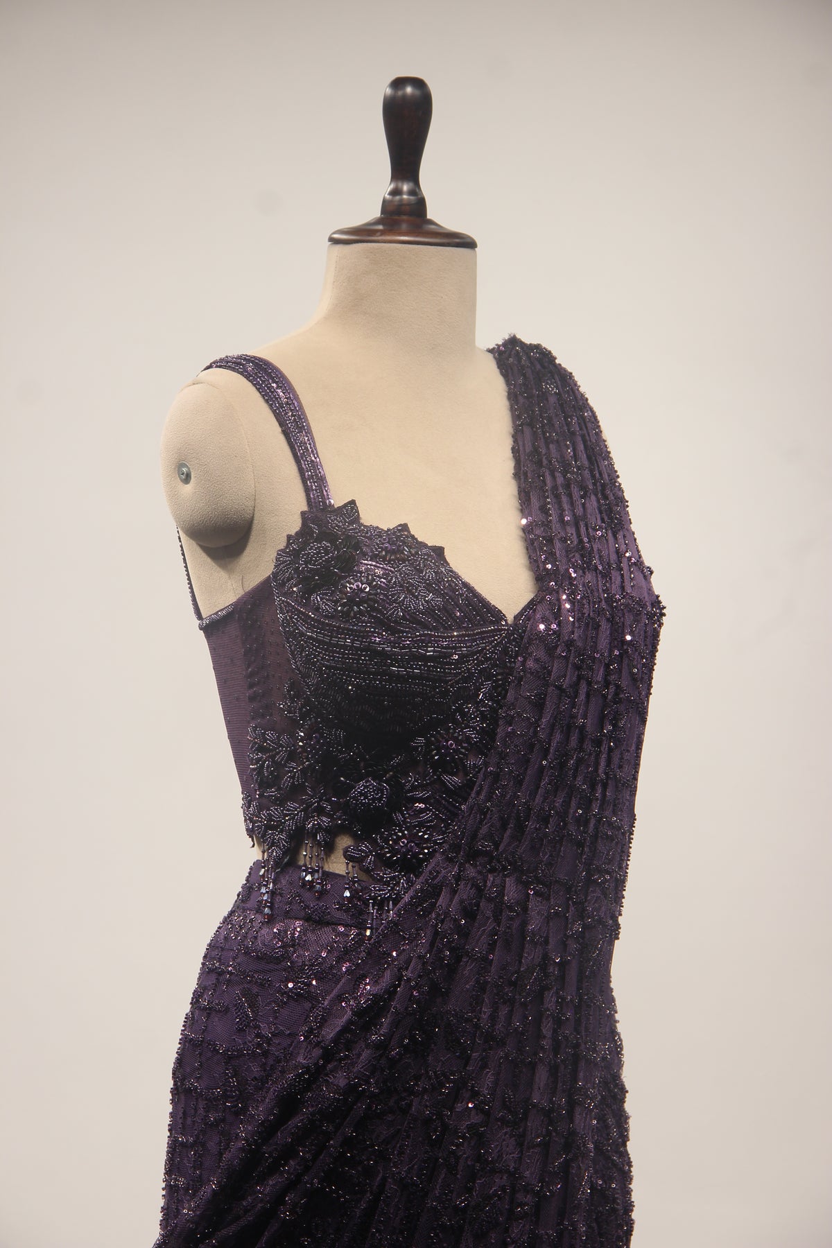 Imported Drape Saree with Cut Dana & Bead Handwork Net Corset Blouse in Purple – other side close-up