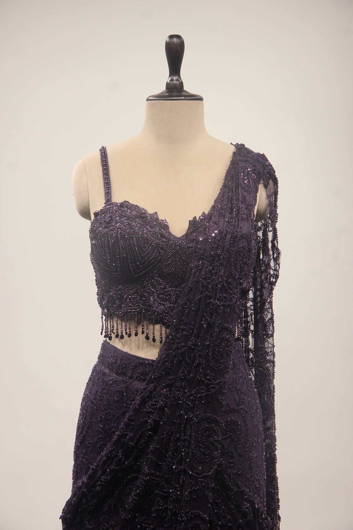 Net Drape Saree with Cut Dana & Bead Handwork, Corset Blouse