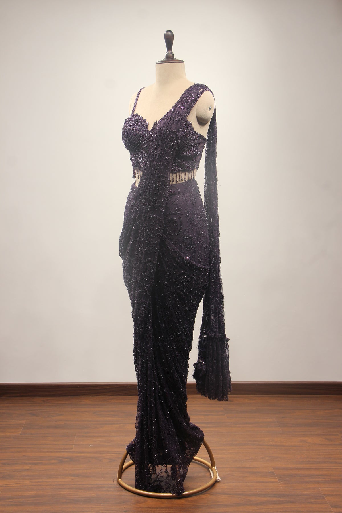 Net Drape Saree with Cut Dana & Bead Handwork, Corset Blouse