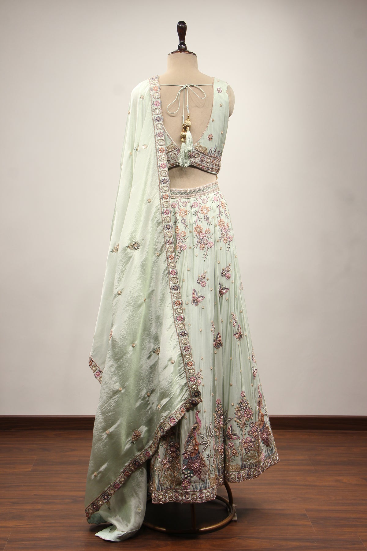 Sage Tissue Lehenga with Resham & Bead Handwork and Fringed Crop Top – back view