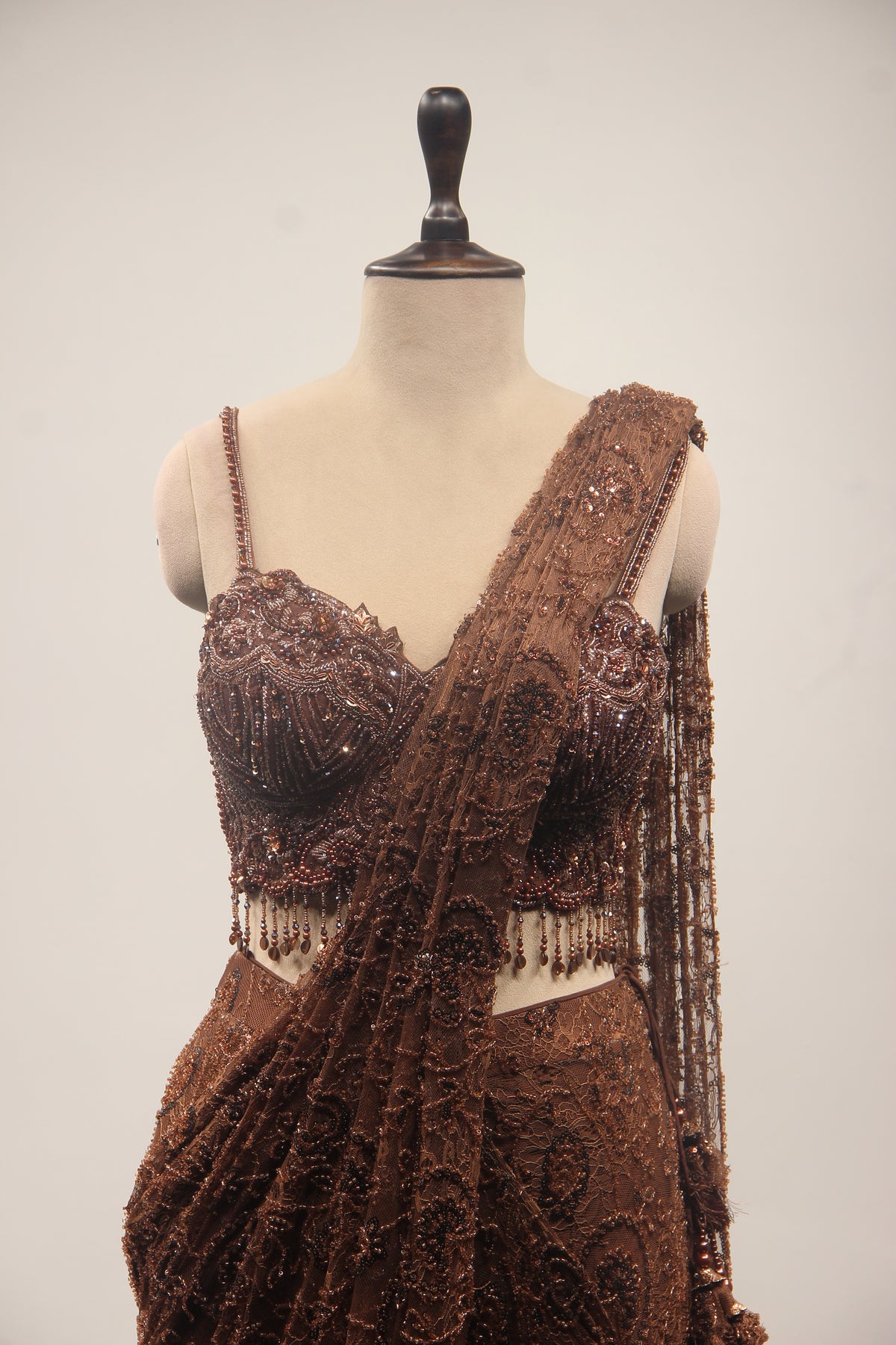 Net Drape Saree with Cut Dana & Bead Handwork, Corset Blouse