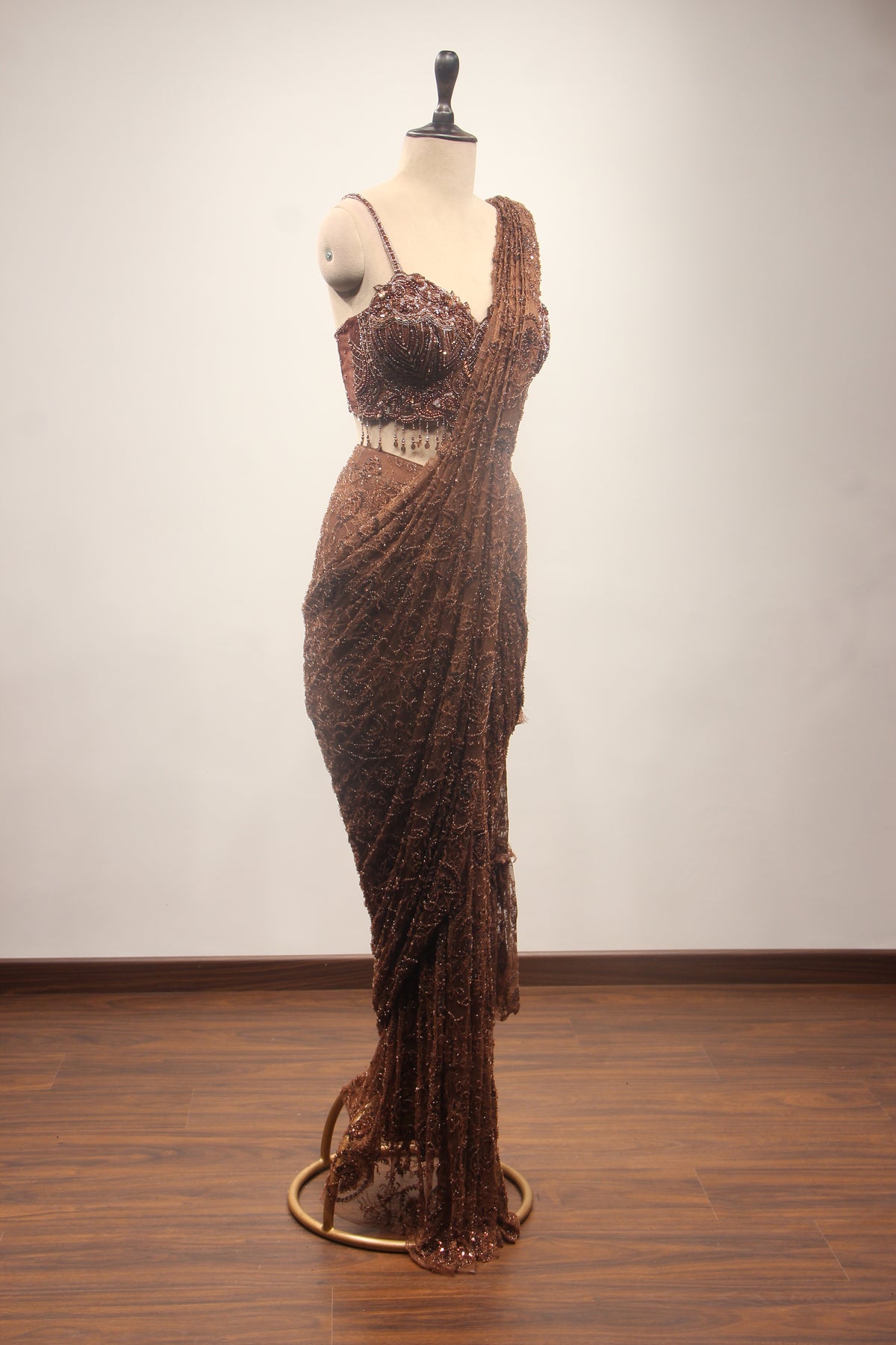 Net Drape Saree with Cut Dana & Bead Handwork, Corset Blouse