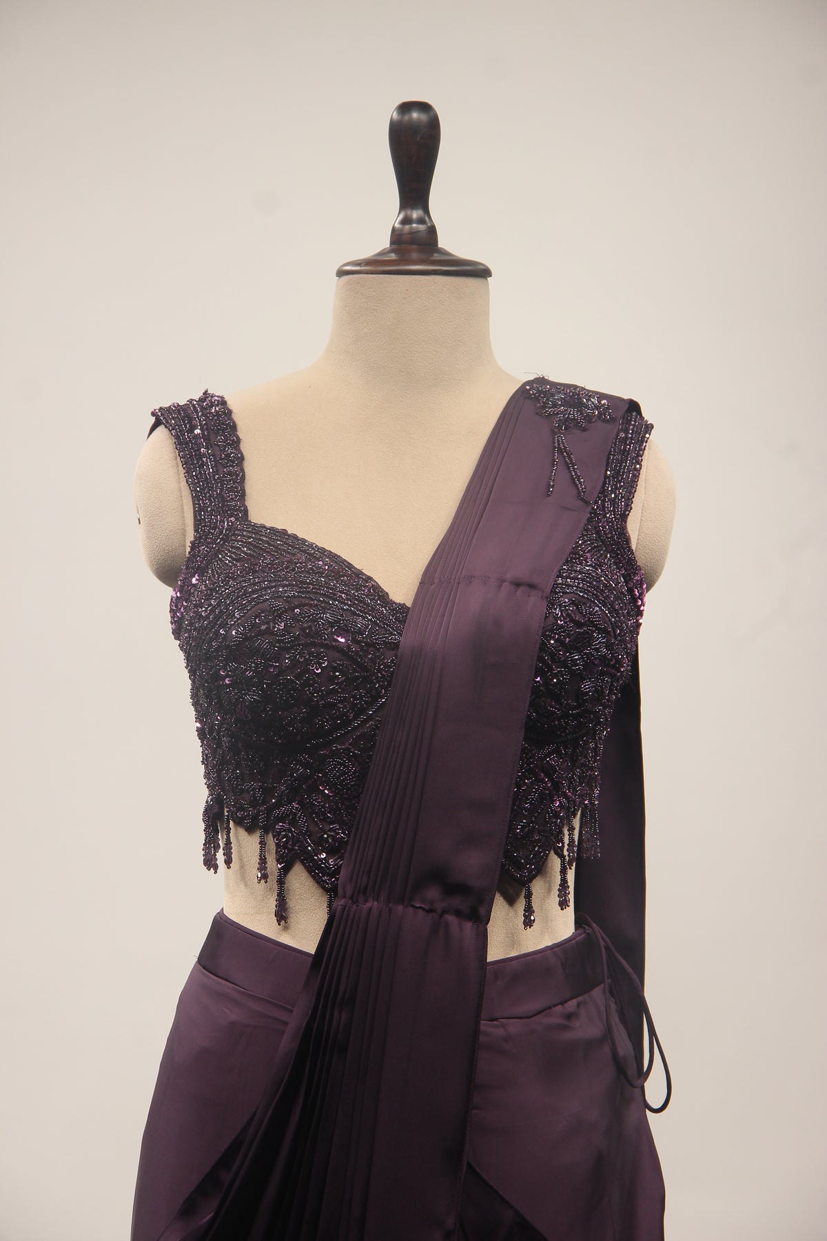 Satin Drape Saree with Beaded Net Corset in Cut Dana & Sequin Handwork in Purple – front close-up