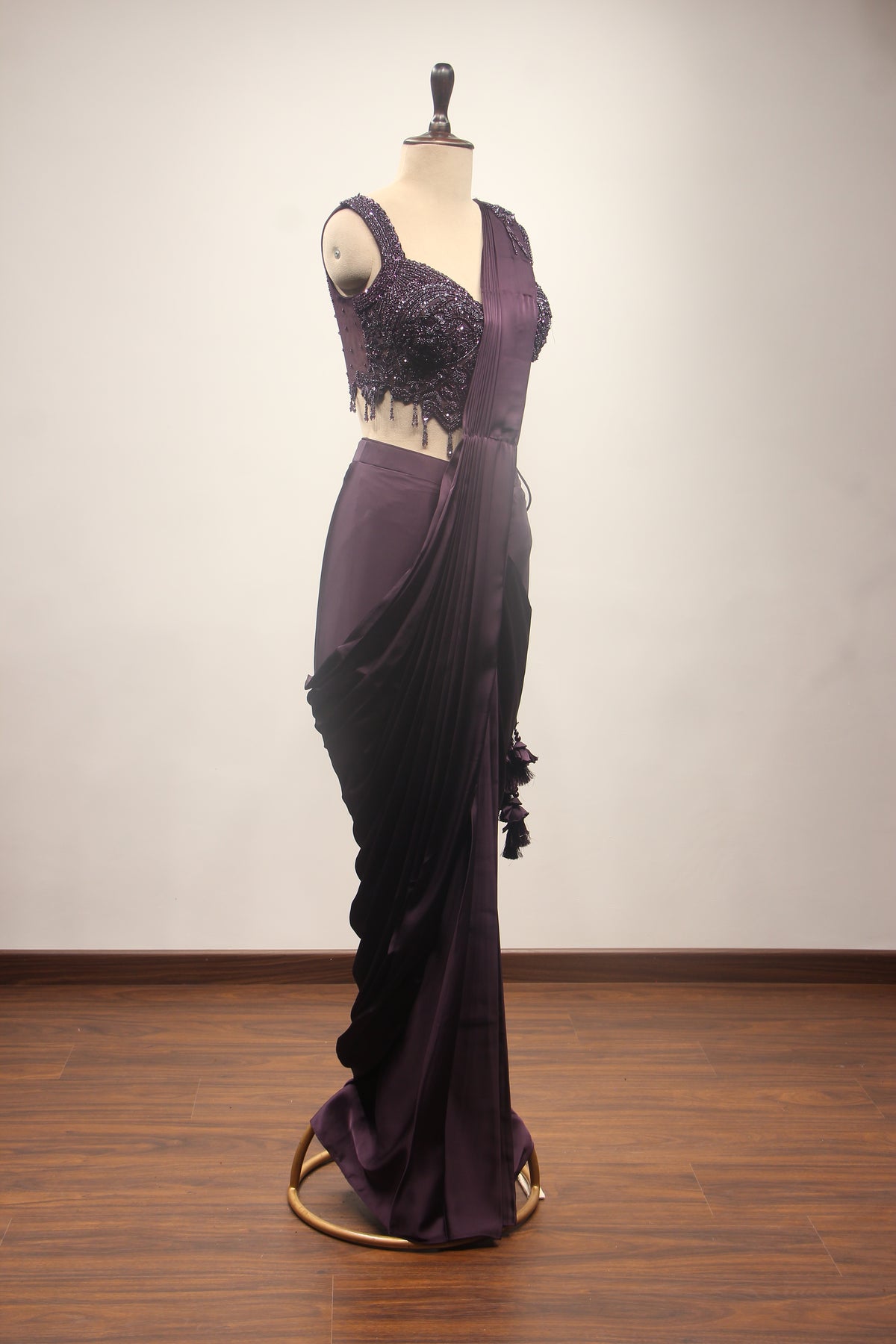 Satin Drape Saree with Beaded Net Corset in Cut Dana & Sequin Handwork in Purple – side view