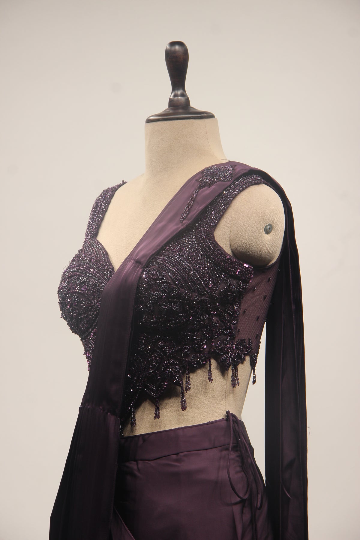Satin Drape Saree with Beaded Net Corset in Cut Dana & Sequin Handwork in Purple – other side close-up