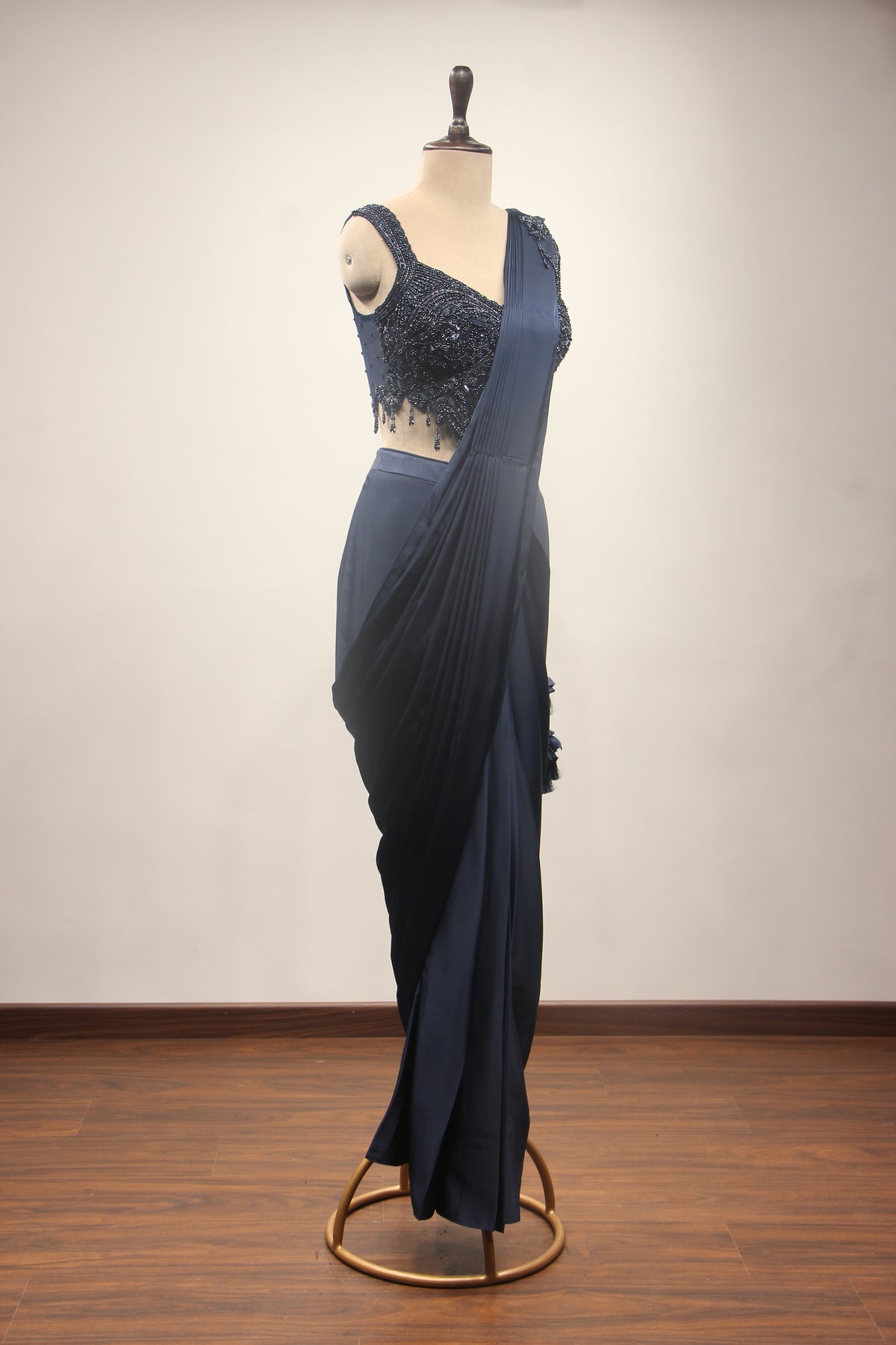 Satin Drape Saree with Beaded Net Corset in Cut Dana & Sequin Handwork in Blue – side view