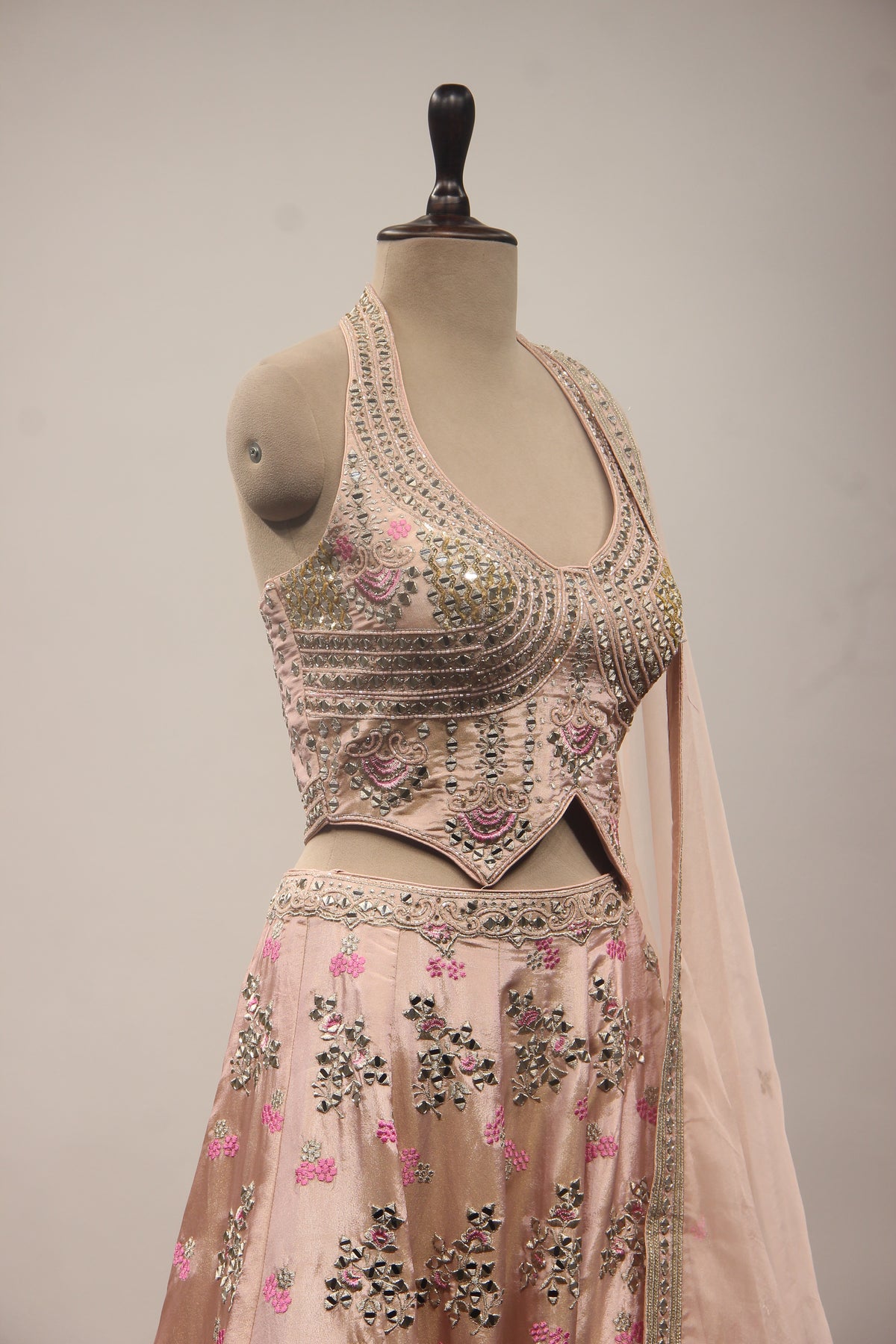 Baby Pink Tissue Lehenga with Mirror & Cut Dana Handwork Halter Corset – other side close-up