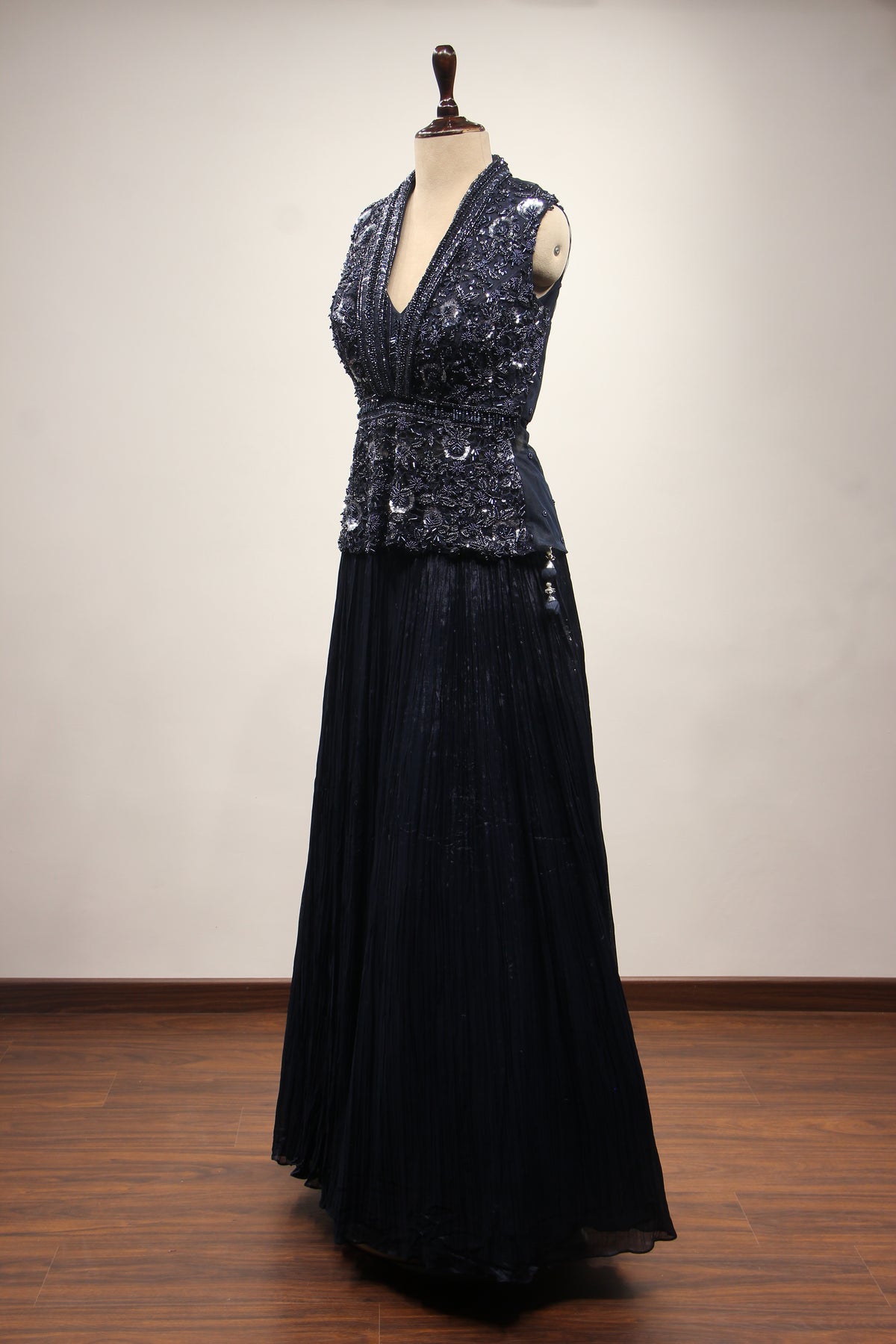 Blue Crepe Lehenga with Cut Dana & Sequin Handwork Plunge Neck Jacket – side view
