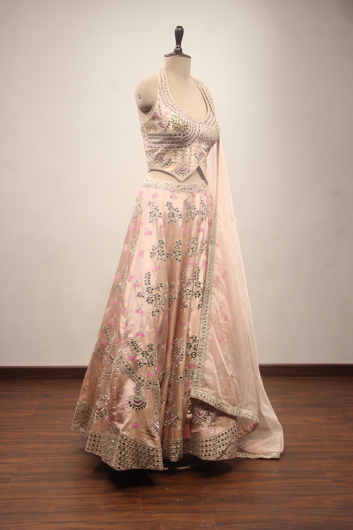 Baby Pink Tissue Lehenga with Mirror & Cut Dana Handwork Halter Corset – other side view