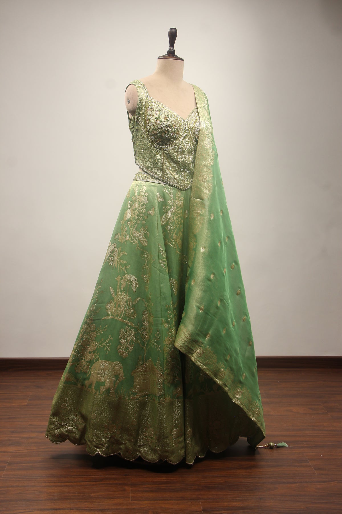 Green Banarasi Brocade Lehenga with Zardozi & Cut Dana Handwork Corset – other side view