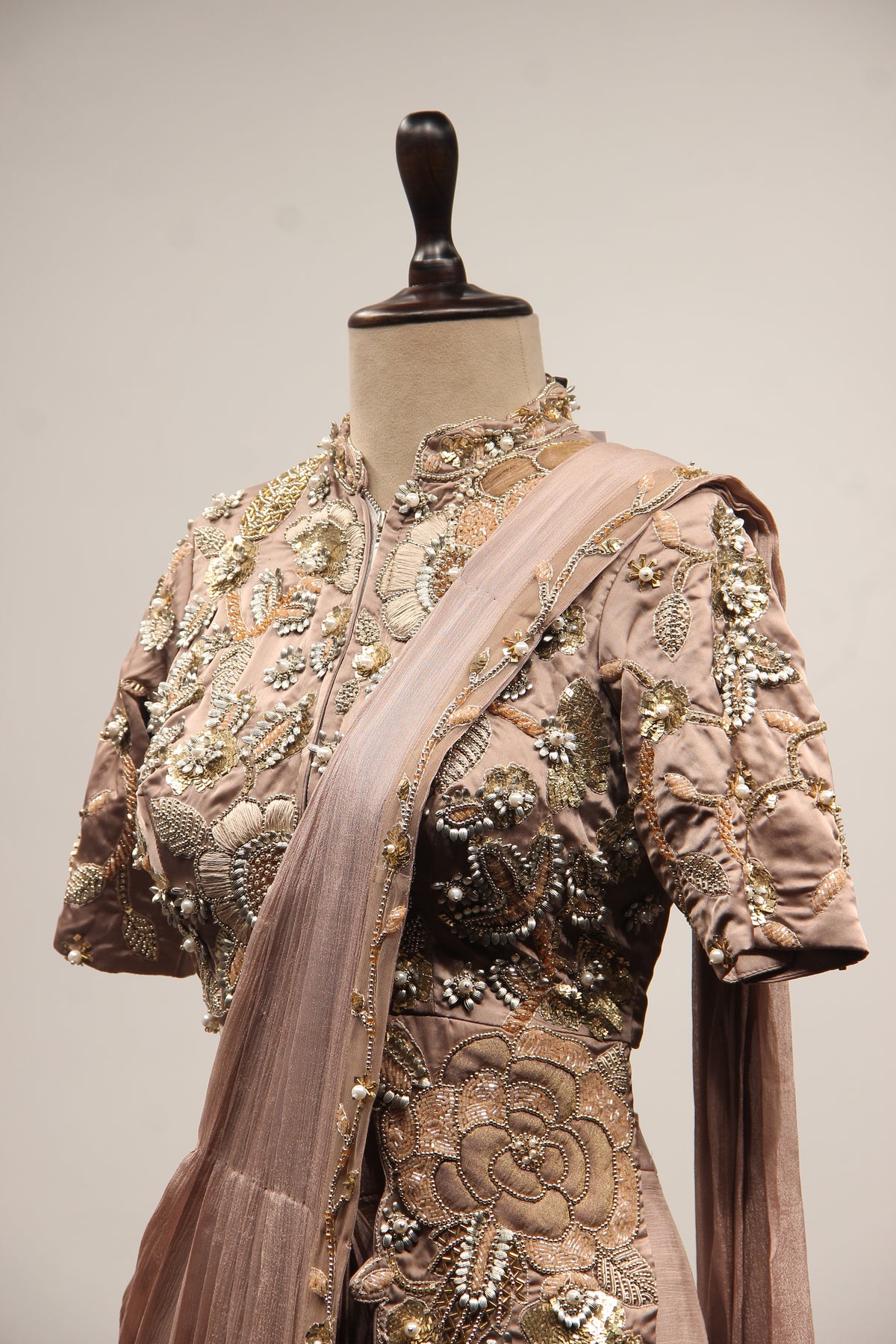 Chikoo Crepe Drape Saree with Hand Embroidery & Resham Handwork – other side close-up