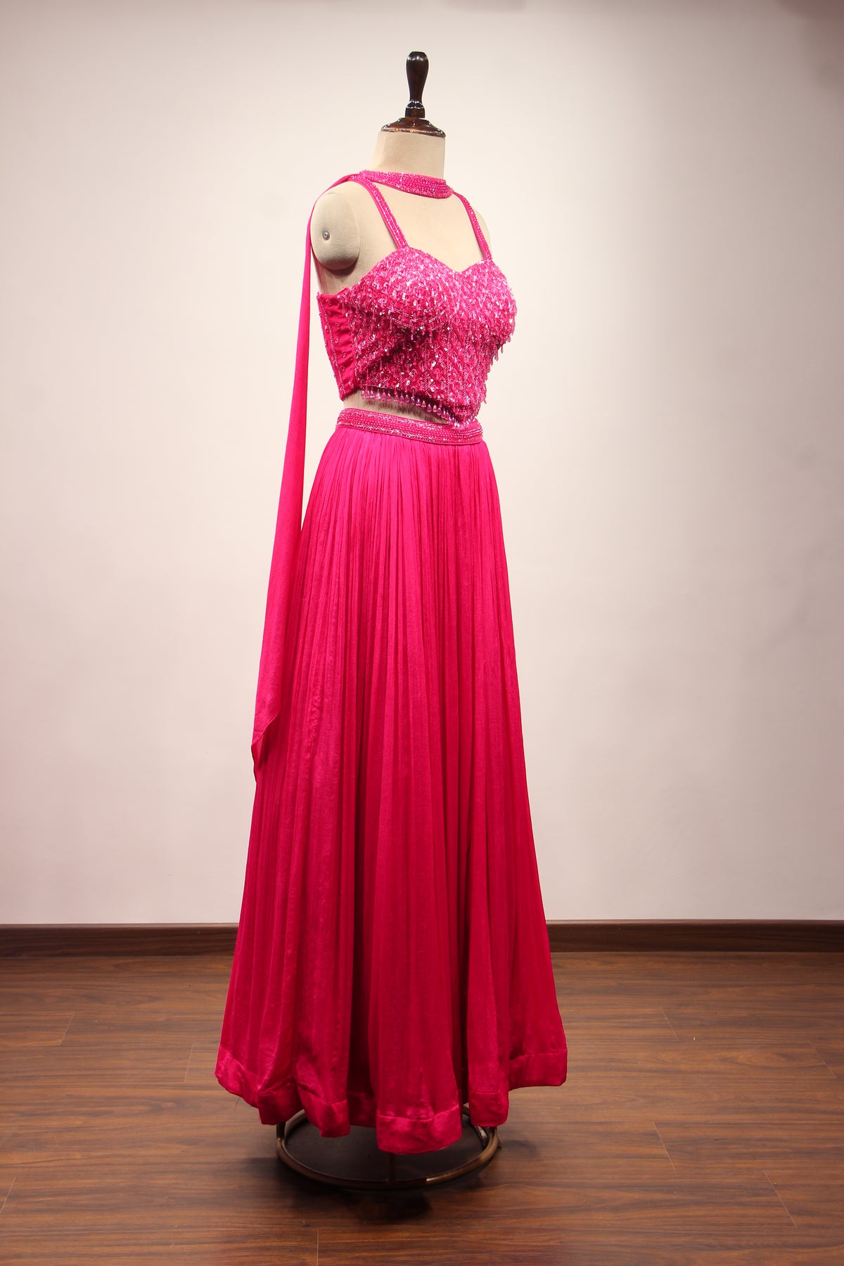 Crepe Lehenga with Sequin & Cut Dana Handwork Corset & Choker Dupatta in Pink – side view