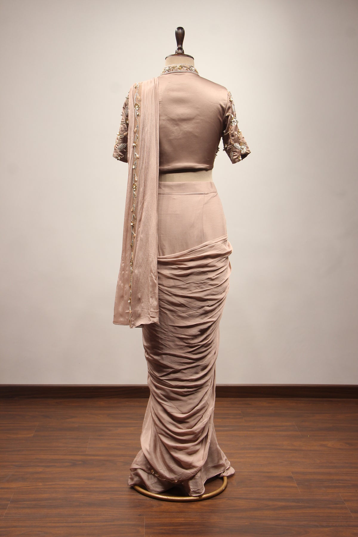 Chikoo Crepe Drape Saree with Hand Embroidery & Resham Handwork – back view