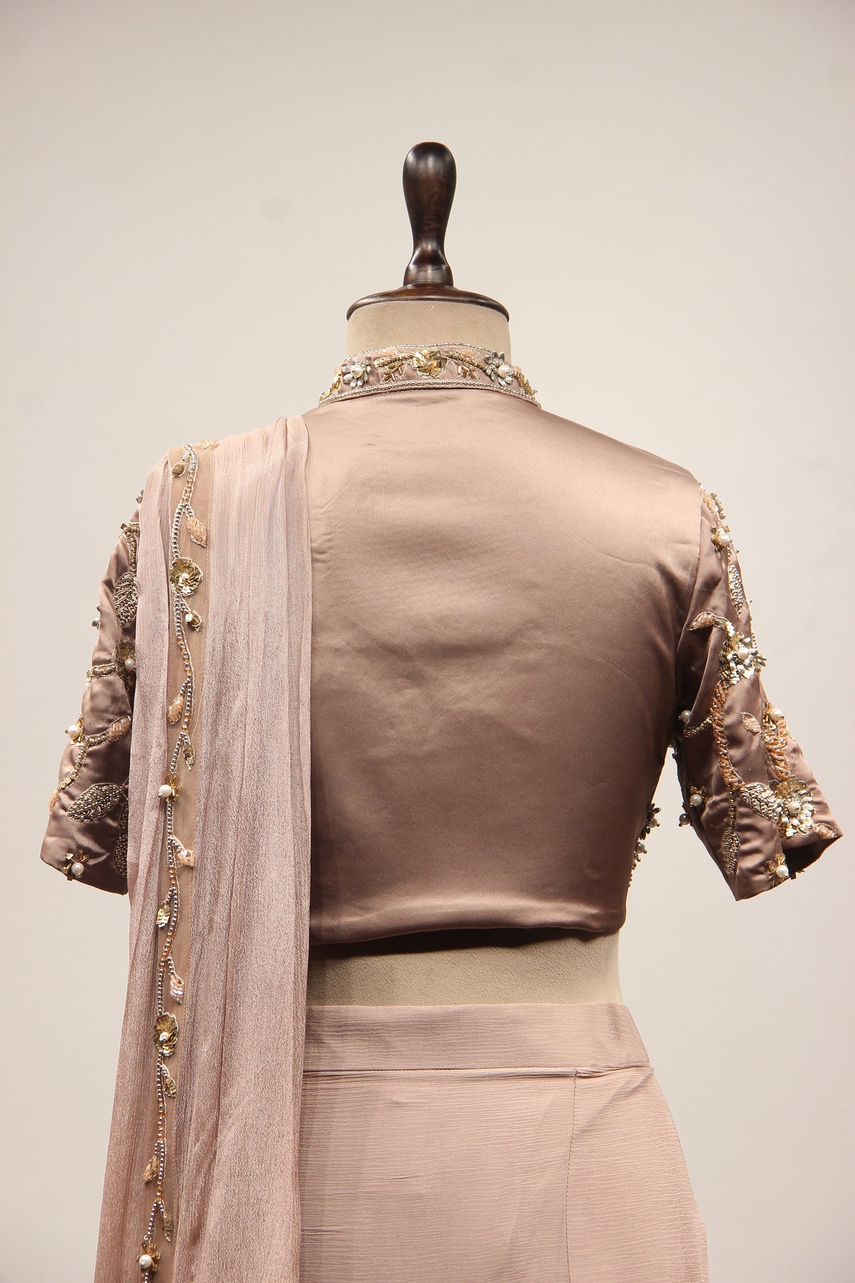 Chikoo Crepe Drape Saree with Hand Embroidery & Resham Handwork – back close-up