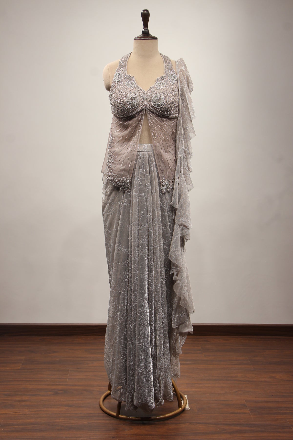 Imported Indo Western Drape Skirt Set with Cut Dana & Stone Handwork in Grey – front view