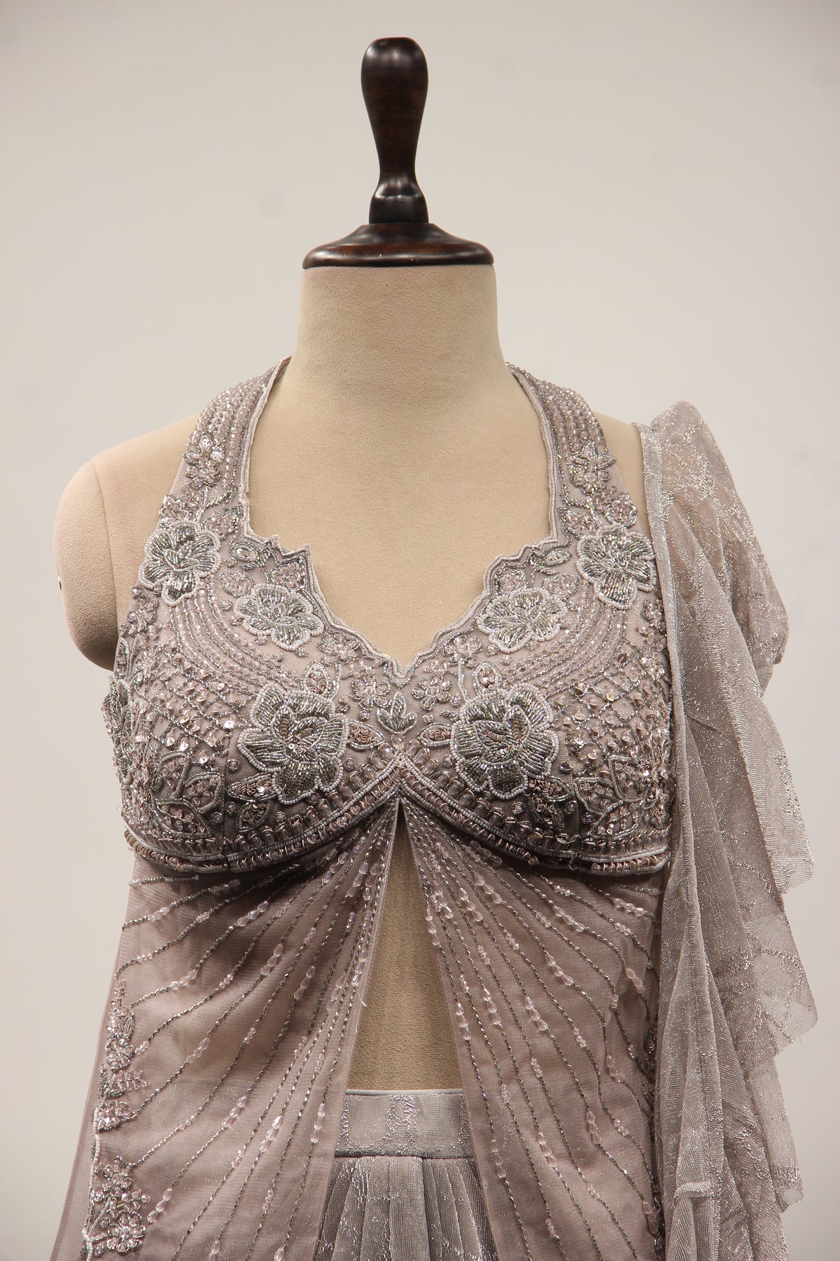 Imported Indo Western Drape Skirt Set with Cut Dana & Stone Handwork in Grey – front close-up