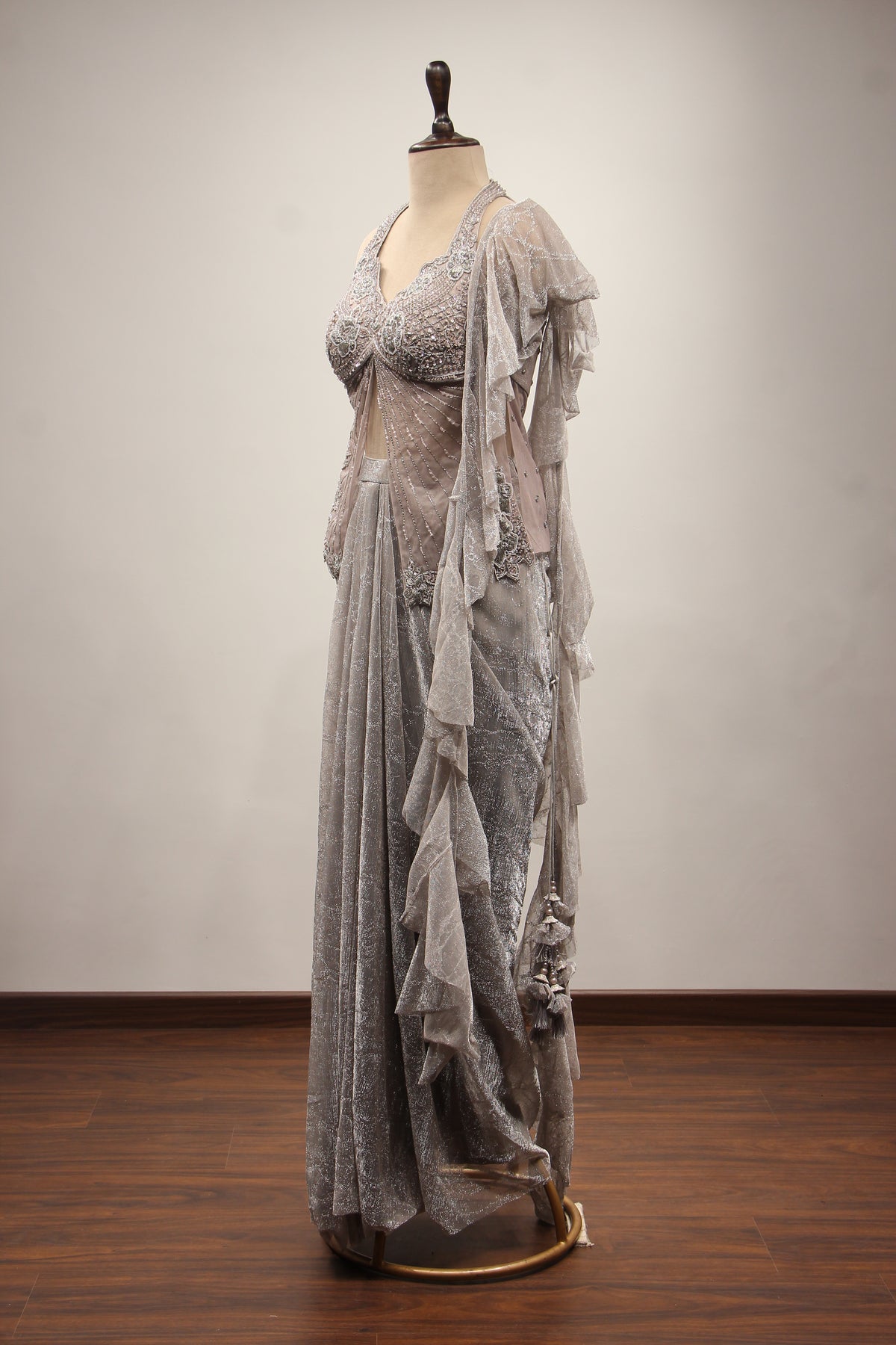Imported Indo Western Drape Skirt Set with Cut Dana & Stone Handwork in Grey – side view